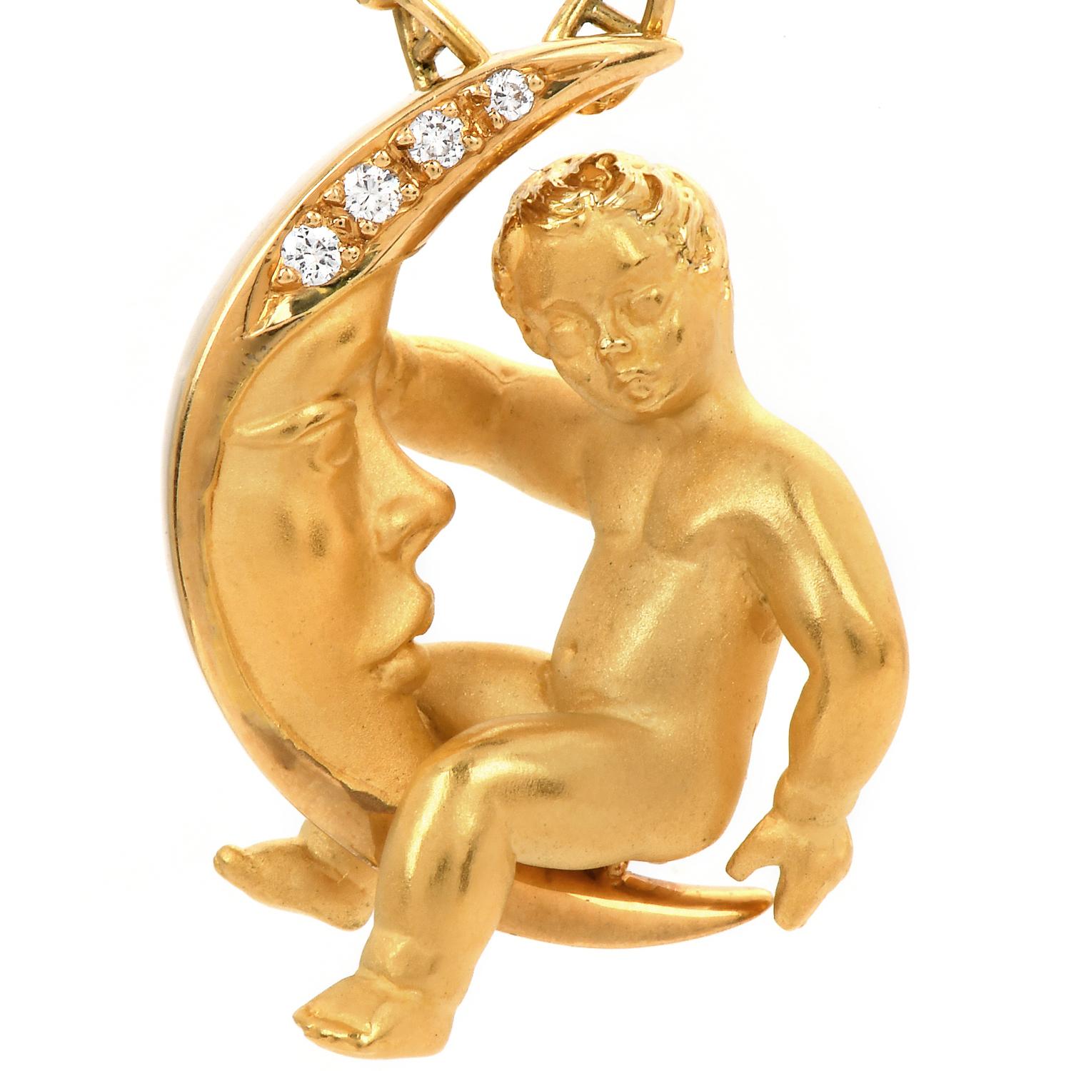 Art Nouveau Carrera Y Carrera Diamond 18k yellow Gold Moon Child Pendant Chain Necklace For Sale