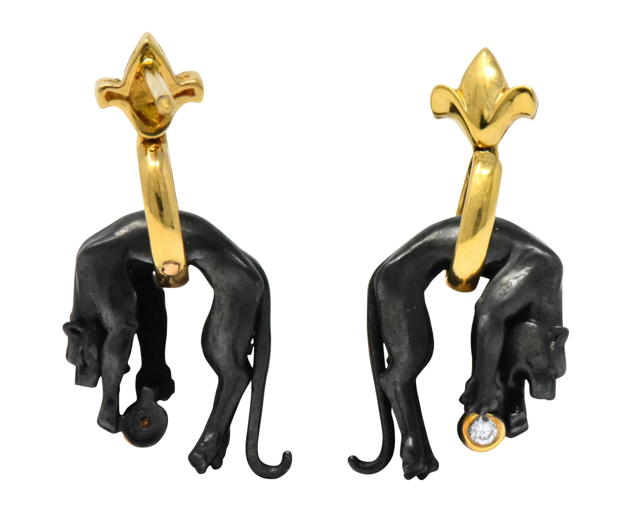 Round Cut Carrera y Carrera Diamond Anodized 18 Karat Gold Drop Panther Earrings