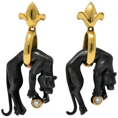 Vintage Carrera y Carrera Diamond Anodized 18 Karat Gold Drop Panther Earrings
