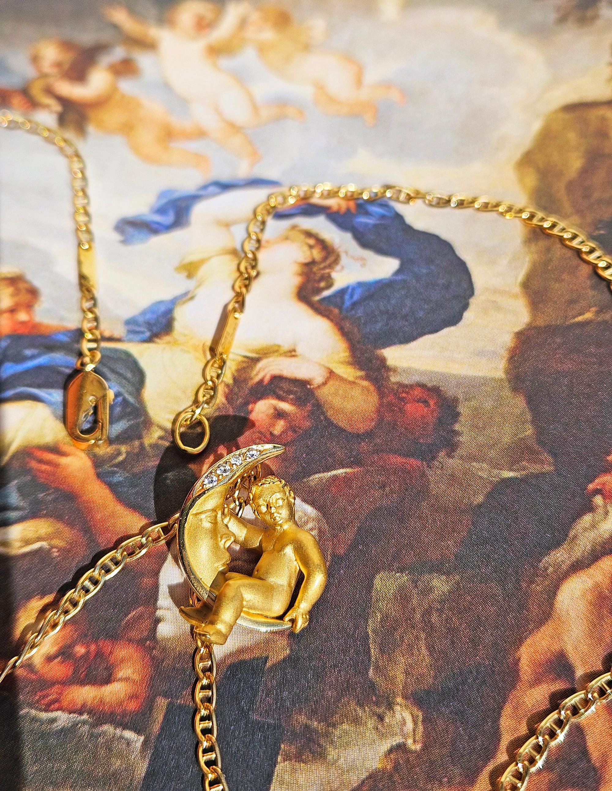 Carrera y Carrera Diamond Crescent Moon Child Angel 18K Gold Pendant Necklace For Sale 5