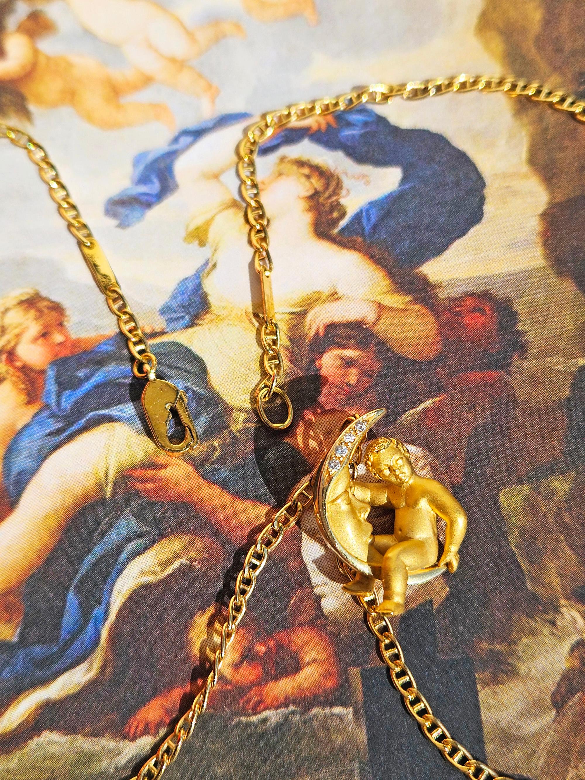 Carrera y Carrera Diamond Crescent Moon Child Angel 18K Gold Pendant Necklace For Sale 10