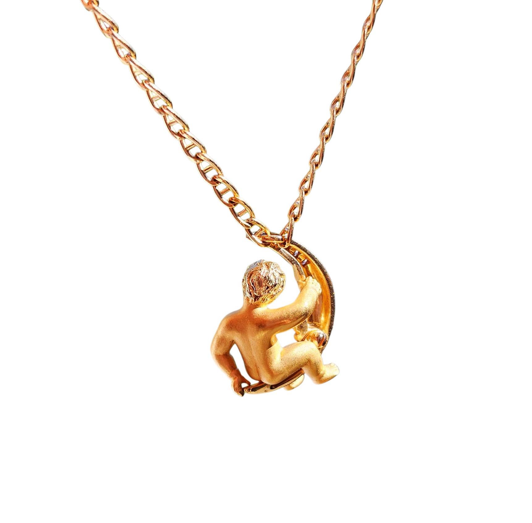 Modern Carrera y Carrera Diamond Crescent Moon Child Angel 18K Gold Pendant Necklace For Sale