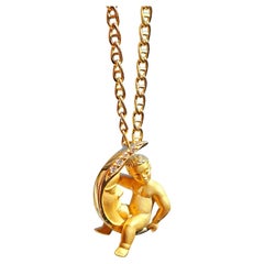 Carrera y Carrera Diamond Crescent Moon Child Angel 18K Gold Pendant Necklace