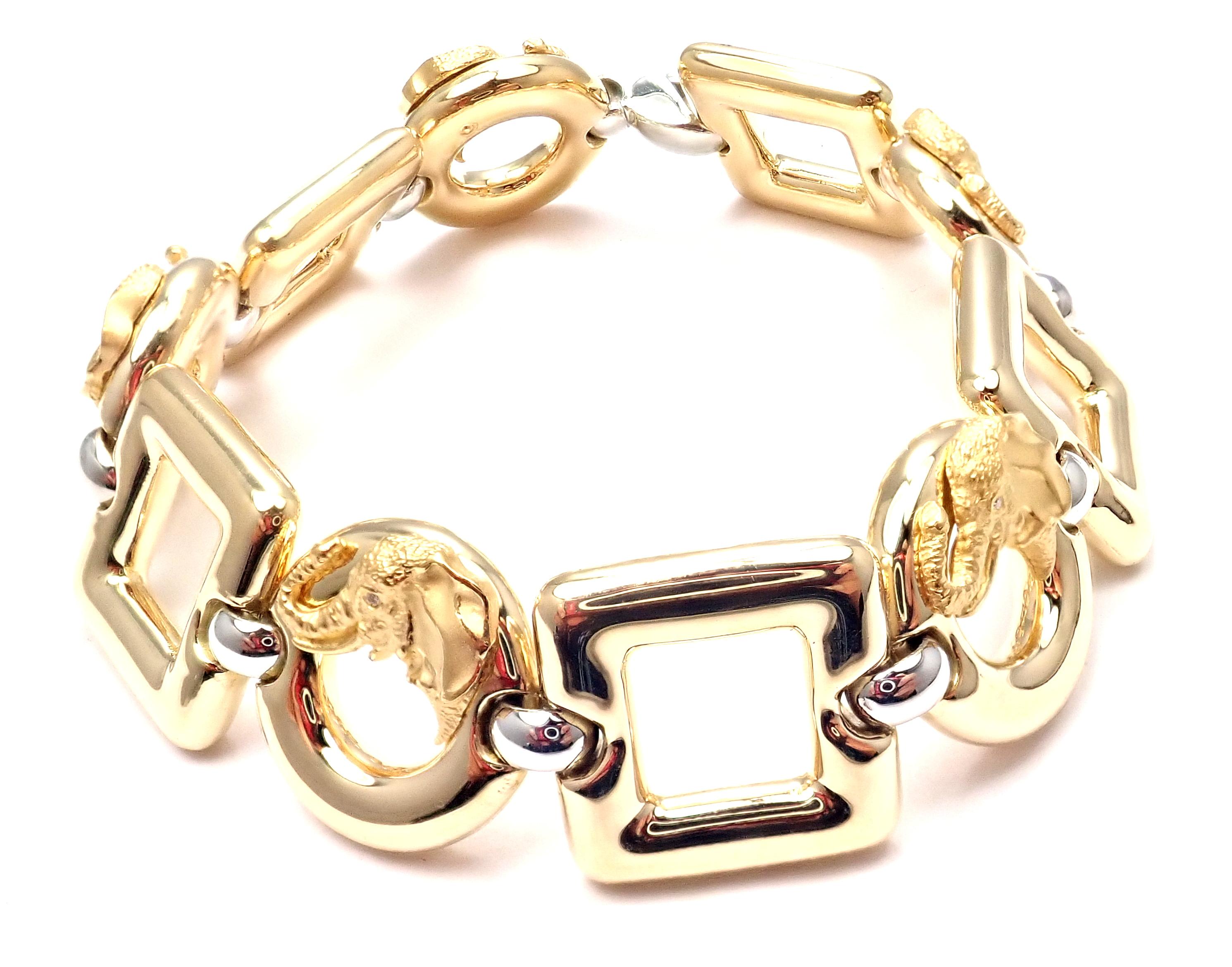 18k Yellow And White Gold Diamond Elephant  Link Bracelet by Carrera Y Carrera.
With 5 small diamonds in the elephant eyes total weight approximately .05ct
Details: 
Length: 7 3/4