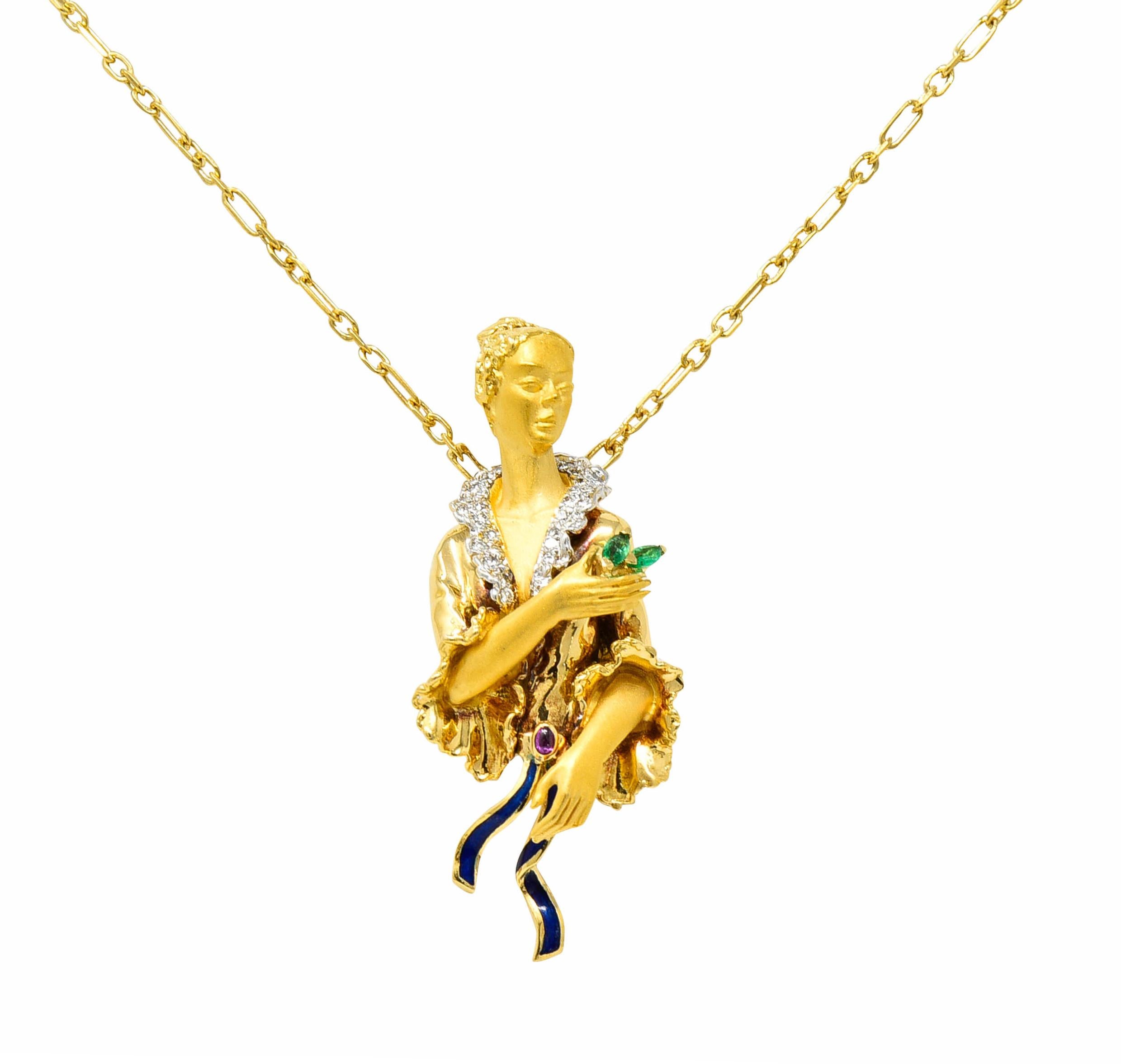 Paperclip chain necklace centers a highly rendered depiction of a noble woman

Adorned in a highly polished ruffled dress while skin is matte gold

Collar is set with round brilliant cut diamonds weighing in total approximately 0.20 carat - eye