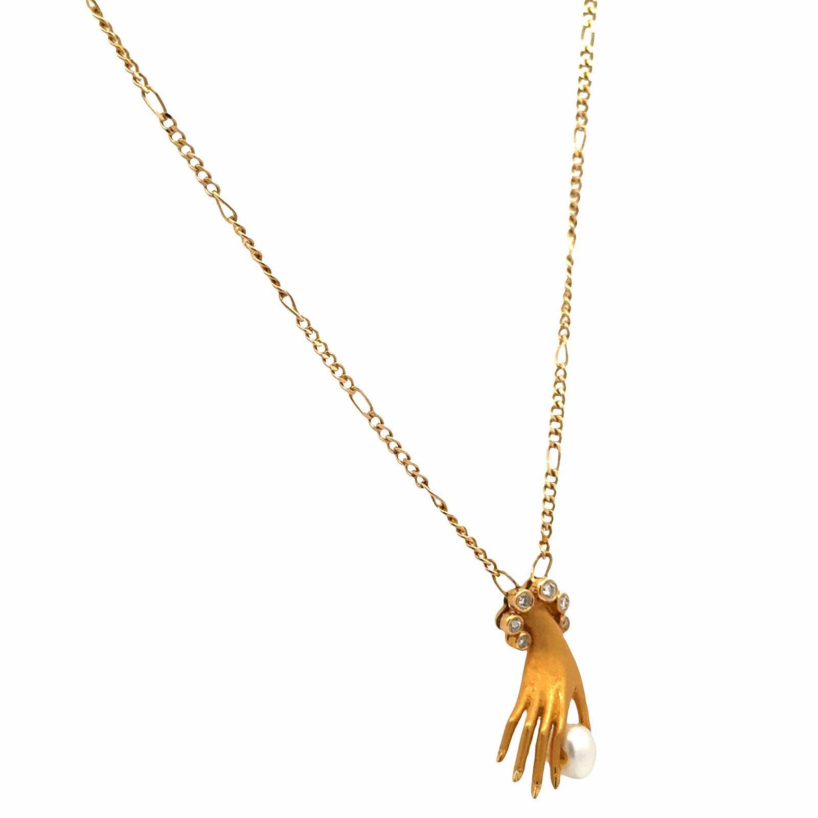 Modern Carrera Y Carrera Diamond Las Manos Hand With Pearl Pendant Necklace Vintage 18K For Sale
