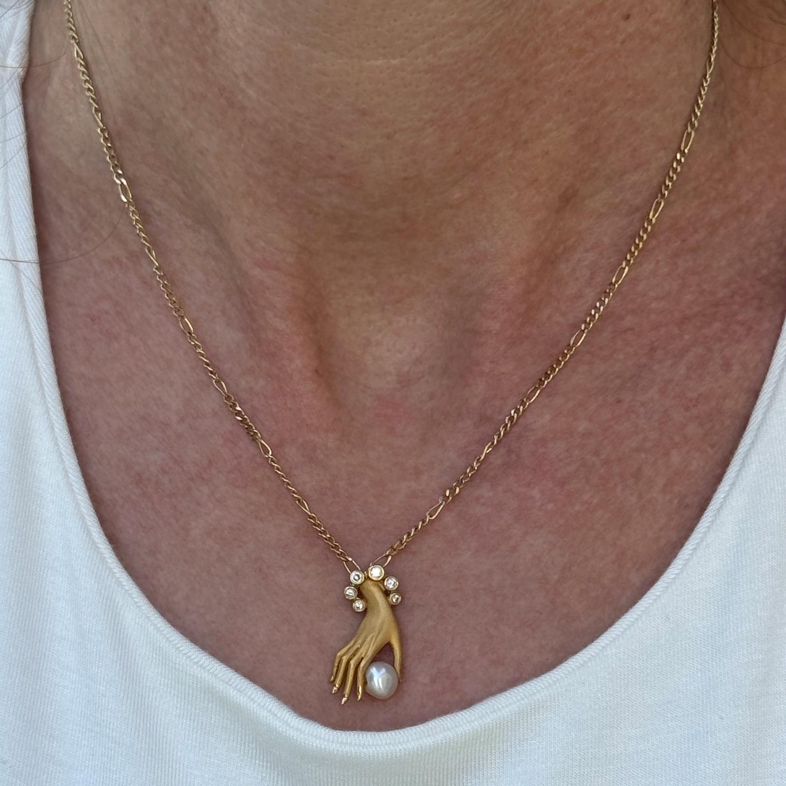Round Cut Carrera Y Carrera Diamond Las Manos Hand With Pearl Pendant Necklace Vintage 18K For Sale