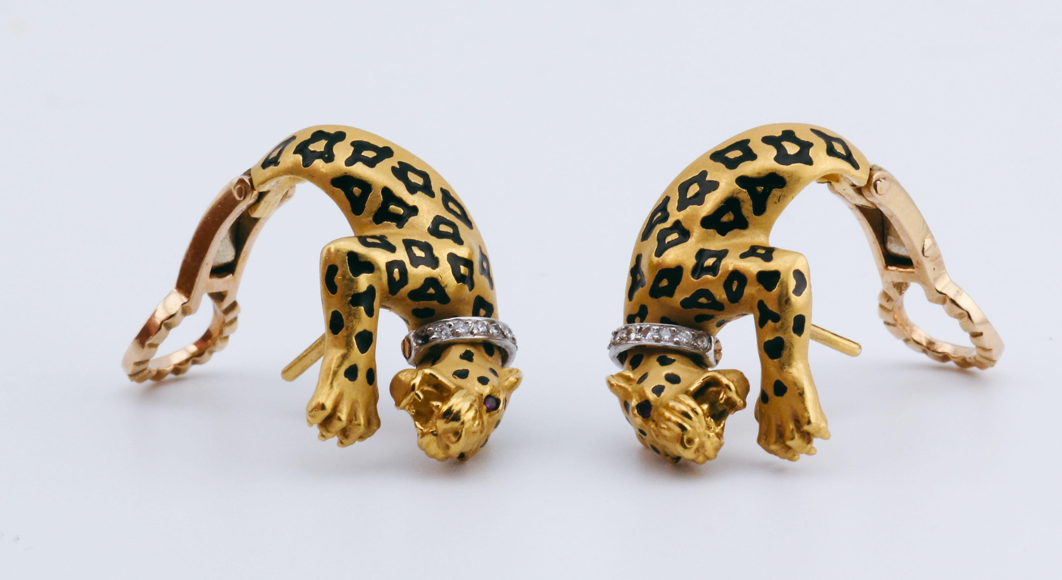 Women's Carrera Y Carrera Diamond Ruby Enamel 18K Yellow Gold Panther Earrings