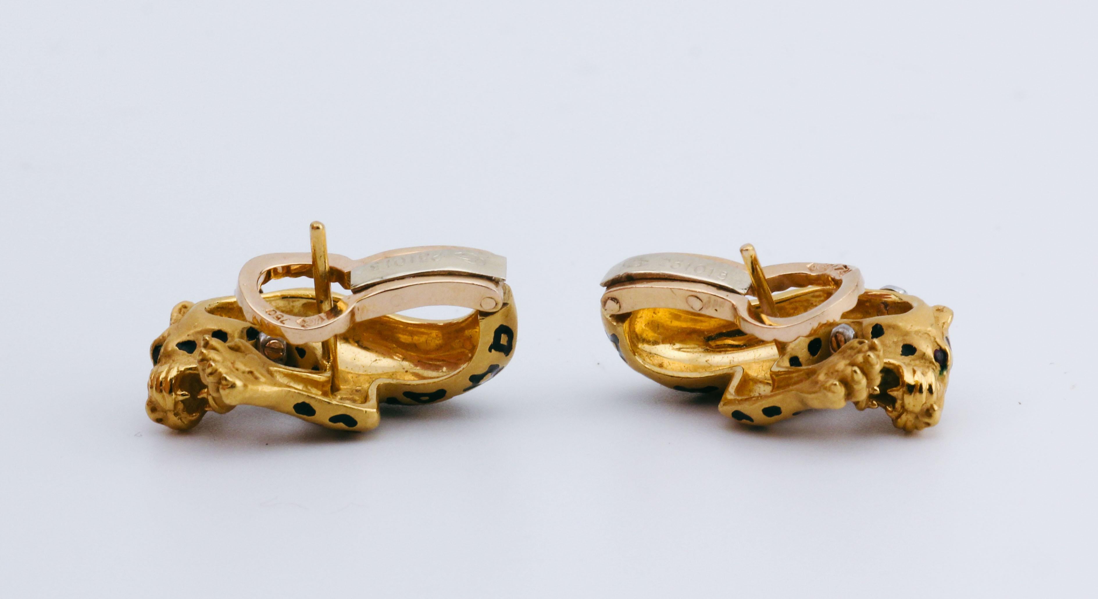 Carrera Y Carrera Diamond Ruby Enamel 18K Yellow Gold Panther Earrings 2