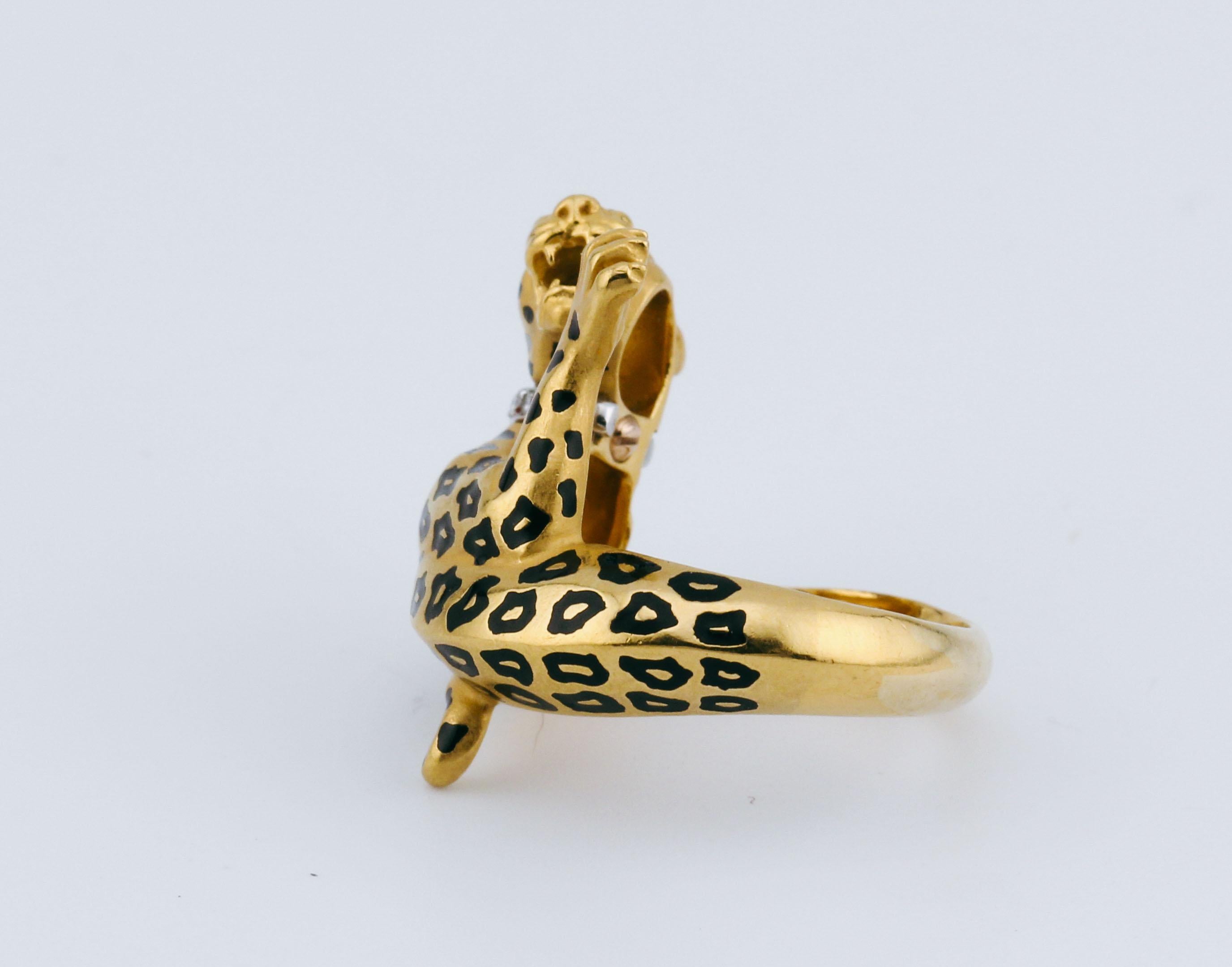 Women's or Men's Carrera Y Carrera Diamond Ruby Enamel 18K Yellow Gold Panther Ring Size 6.5