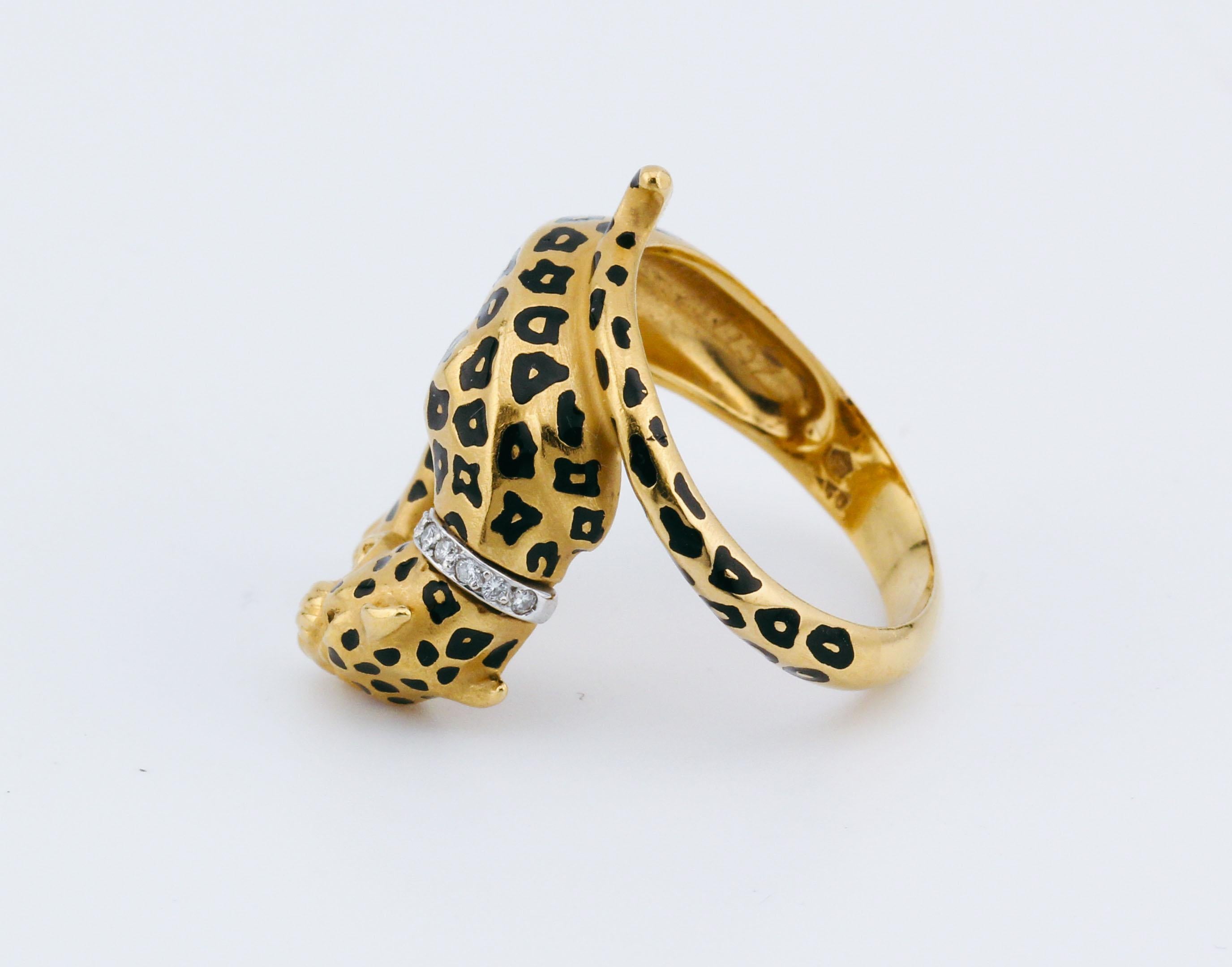 Carrera Y Carrera Diamond Ruby Enamel 18K Yellow Gold Panther Ring Size 6.5 1