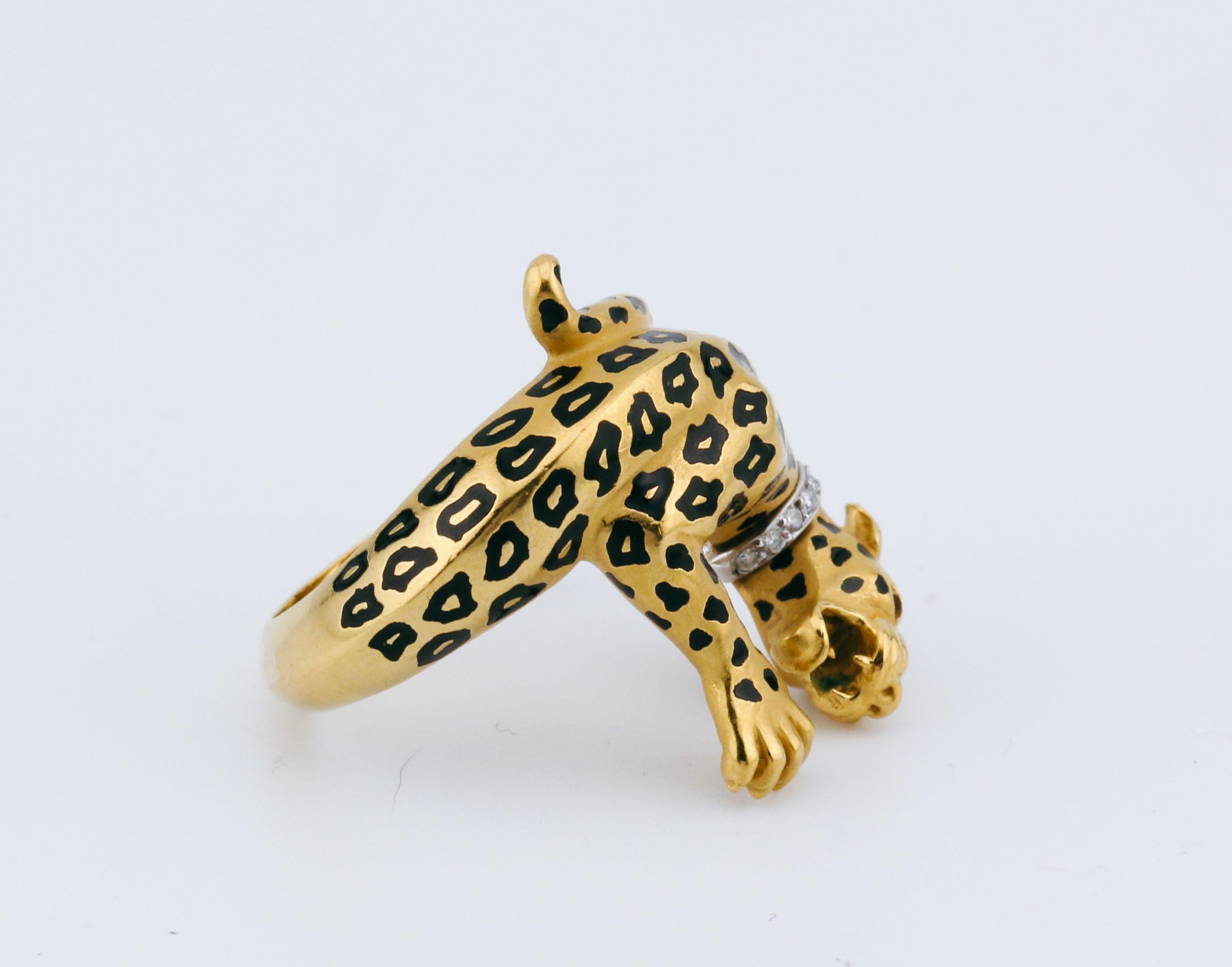 Carrera Y Carrera Diamond Ruby Enamel 18K Yellow Gold Panther Ring Size 6.5 2