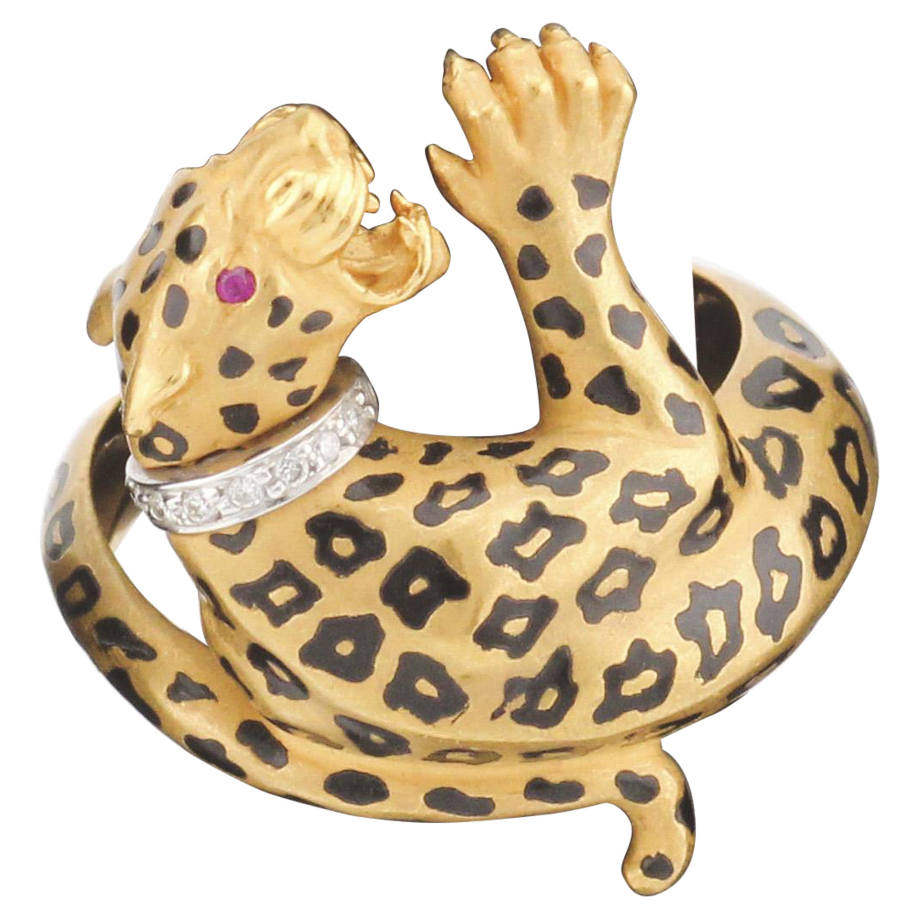 Carrera Y Carrera Diamond Ruby Enamel 18K Yellow Gold Panther Ring Size 7