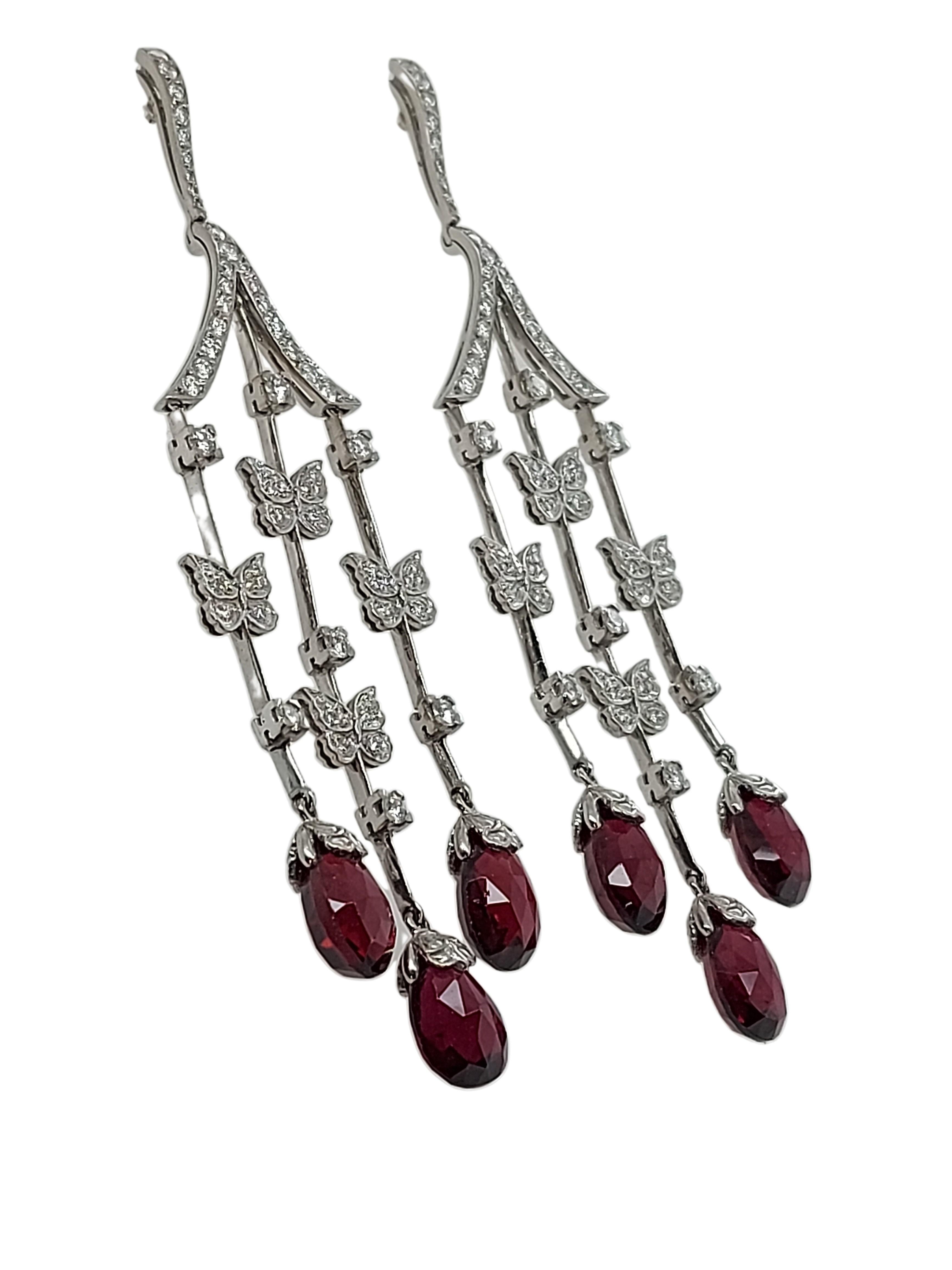 Briolette Cut Carrera Y Carrera Earrings Butterfly Collection 18k white Gold Diamonds&Rubelite For Sale