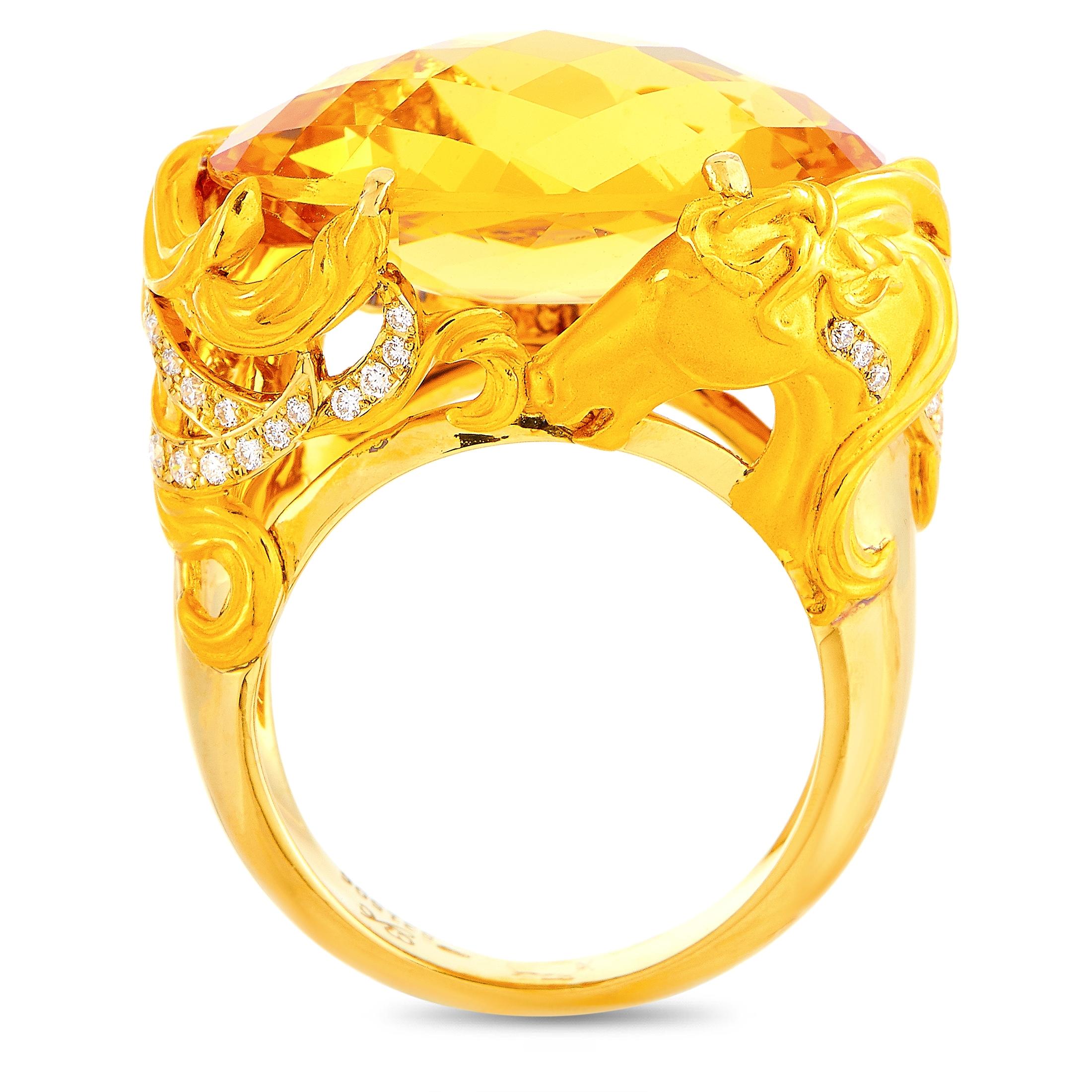 The Carrera y Carrera “Ecuestre” ring is crafted from 18K yellow gold and weighs 12.8 grams, boasting band thickness of 3 mm and top height of 10 mm, while top dimensions measure 15 by 25 mm. The ring is set with an 11.41 ct citrine and a total of