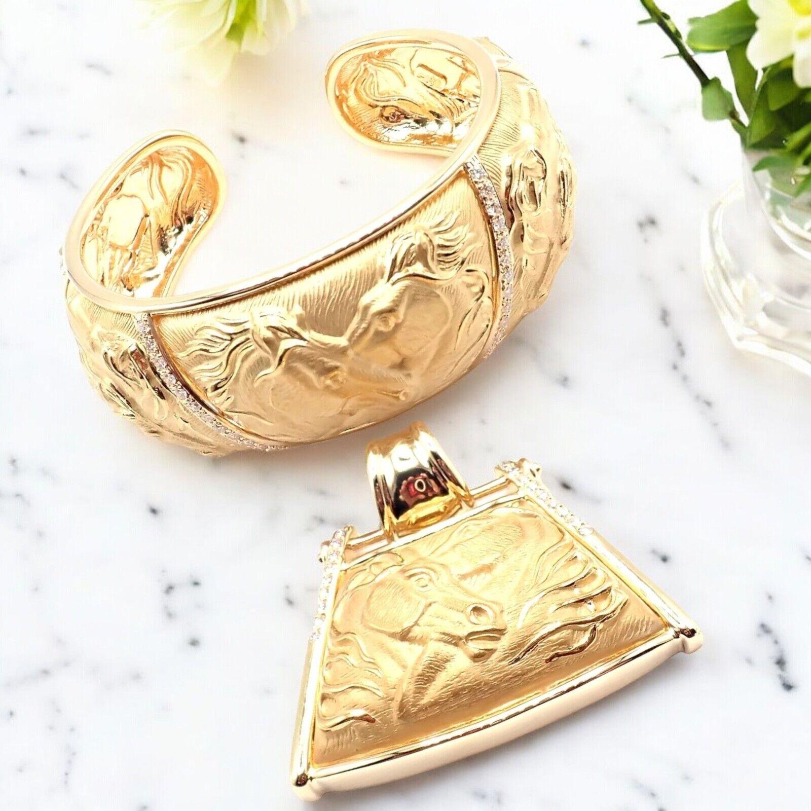 18k Yellow Diamond Equine Horse Bangle Bracelet And Pendant Set by Carrera Y Carrera.  
Experience the thrill of the chase with this Authentic Carrera Y Carrera 18k Yellow Gold Equine Horse Stampede Cuff Bracelet and Pendant set. 
Masterful pieces,
