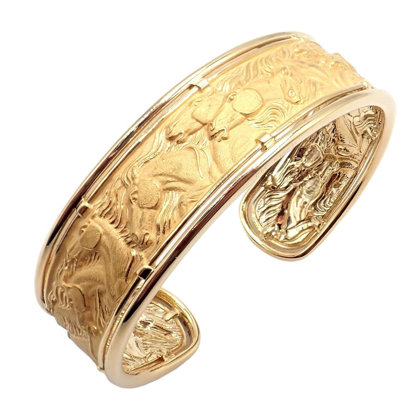 18k Yellow Gold Equine Horse Stampede Cuff Bangle Bracelet by Carrera Y Carrera. 
Details: 
Length: Fits 6.5