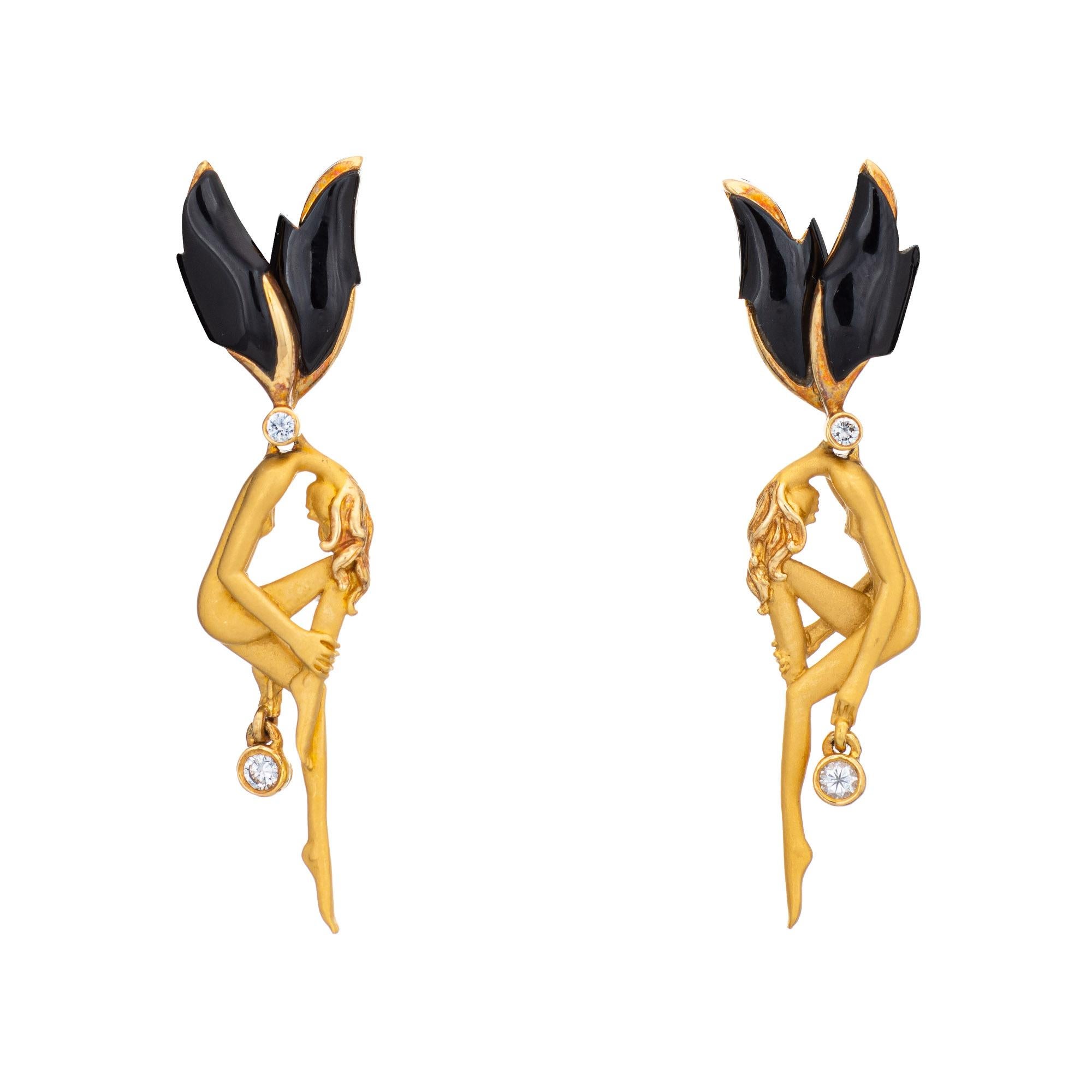 Round Cut Carrera y Carrera Fairy Earrings Estate Diamond Drops Wings Onyx Jewelry