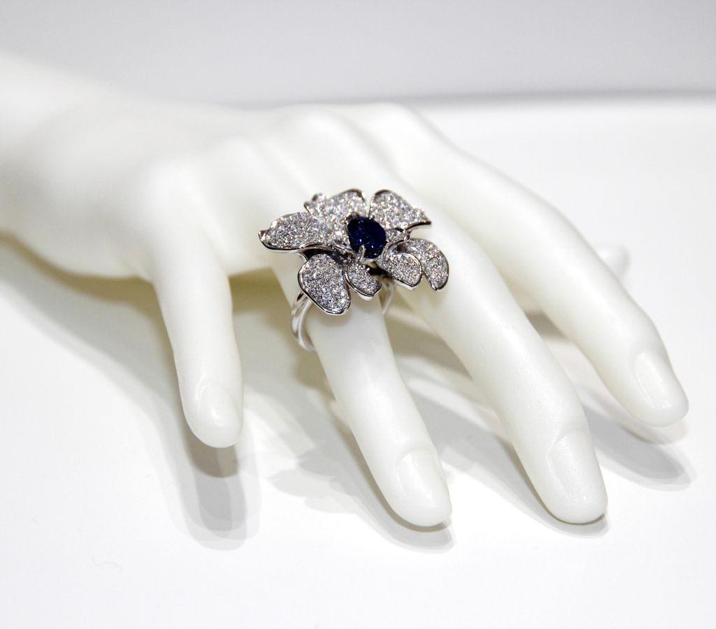 Brilliant Cut Carrera Y Carrera Flower Ring  18K White Gold  Diamonds and Blue Sapphire