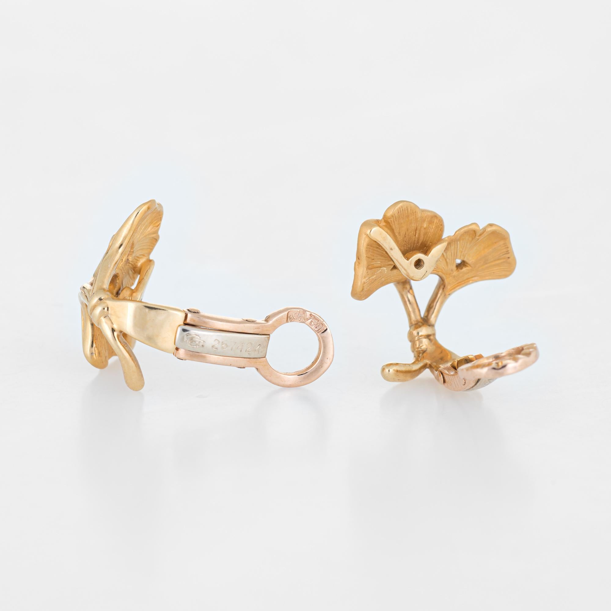 Elegant pair of pre owned Carrera y Carrera diamond earrings, crafted in 18k yellow gold. 

Four diamonds total an estimated 0.04 carats (estimated at G-H color and VS1 clarity). 

The earrings are crafted in the form of a Ginko leaf. In Japanese