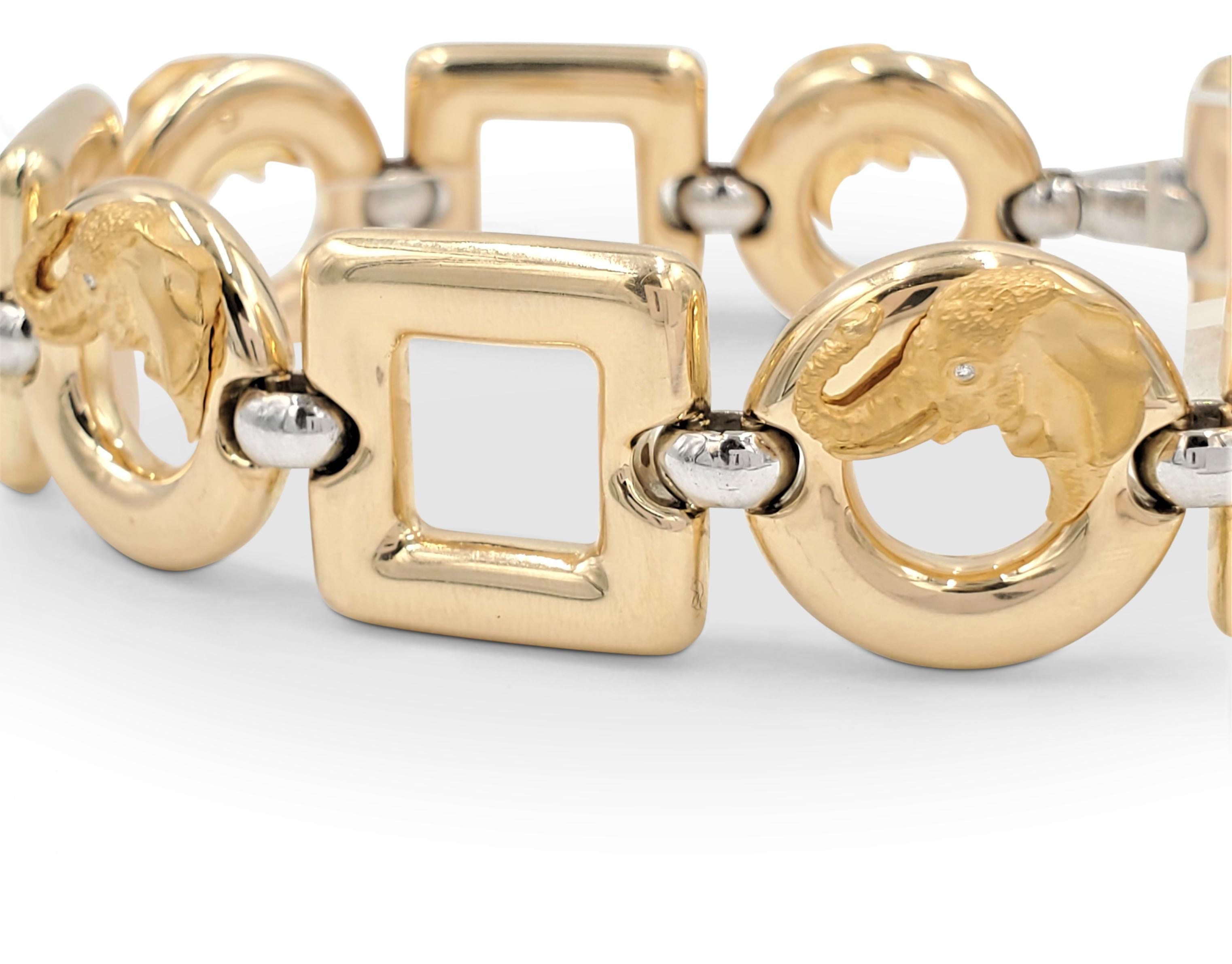 Authentic Carrera y Carrera bracelet comprised of alternating round and square 18 karat yellow gold links separated by white gold components. An elephant head motif adorns each round link. Each elephant head is completed with a round brilliant cut