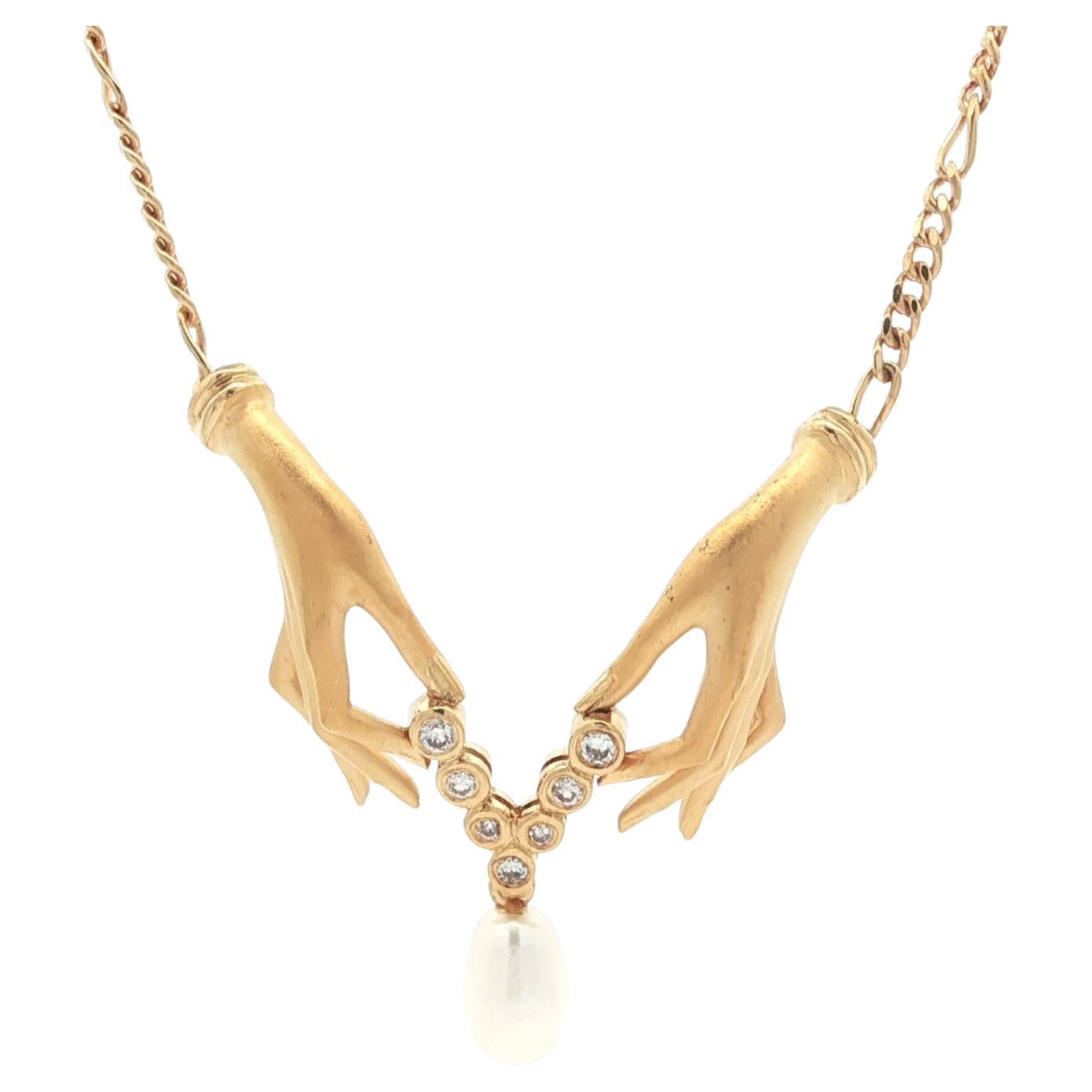 Collier Carrera y Carrera or Happy Hands Bonadea diamant perle pendentif pampille