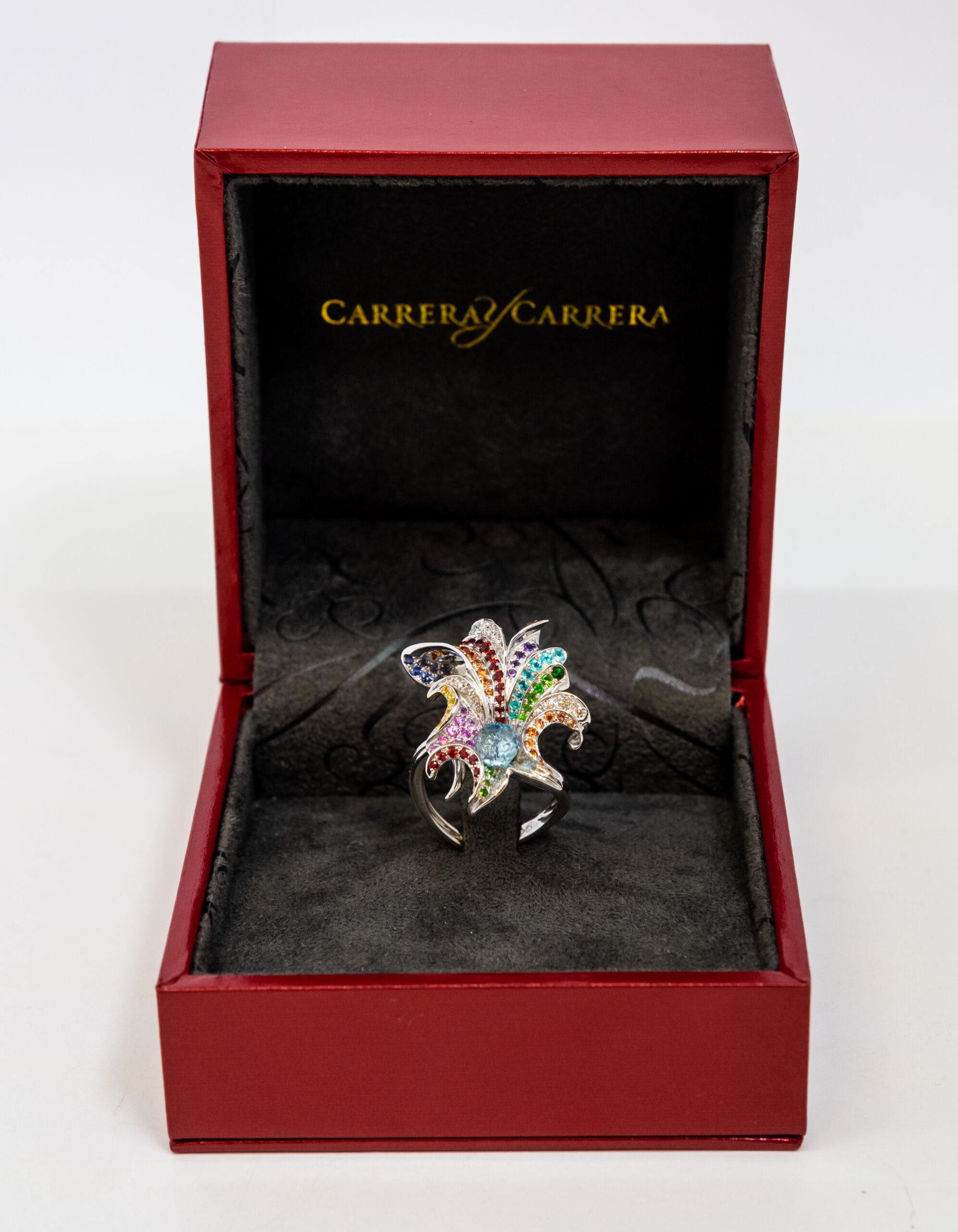 Women's Carrera y Carrera Hoja 18k White Gold with Sapphires, Diamonds & Tourmaline Ring For Sale