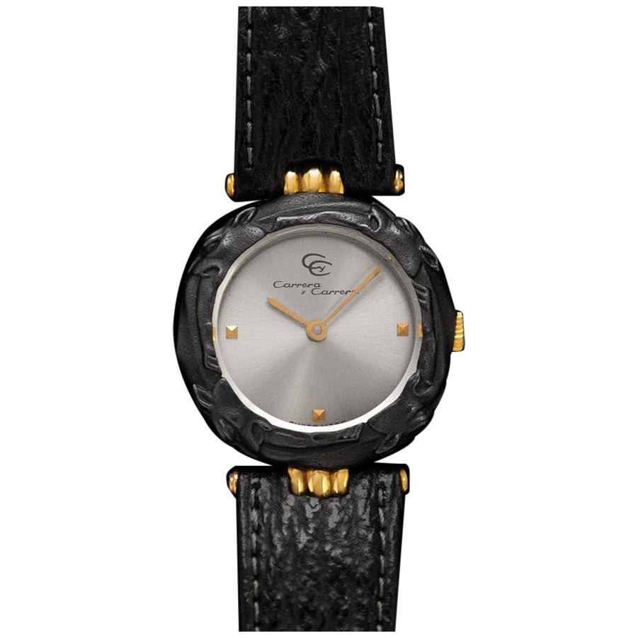 Carrera y Carrera Ladies Leopard Watch with Boxes 18K Gold & Sculptured Titanium For Sale