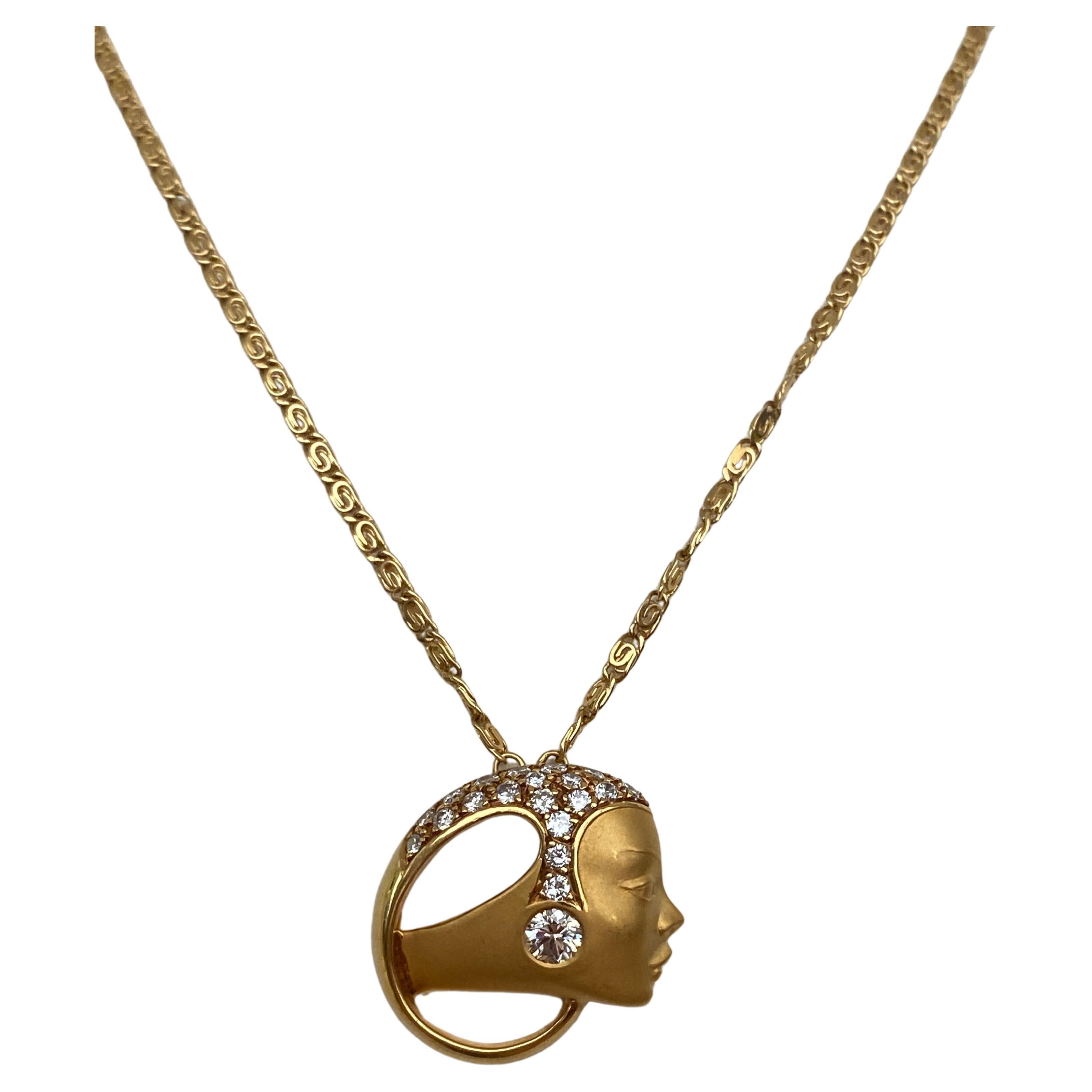 Carrera y Carrera Lady Head 18k Yellow Gold Diamond Pendant Necklace