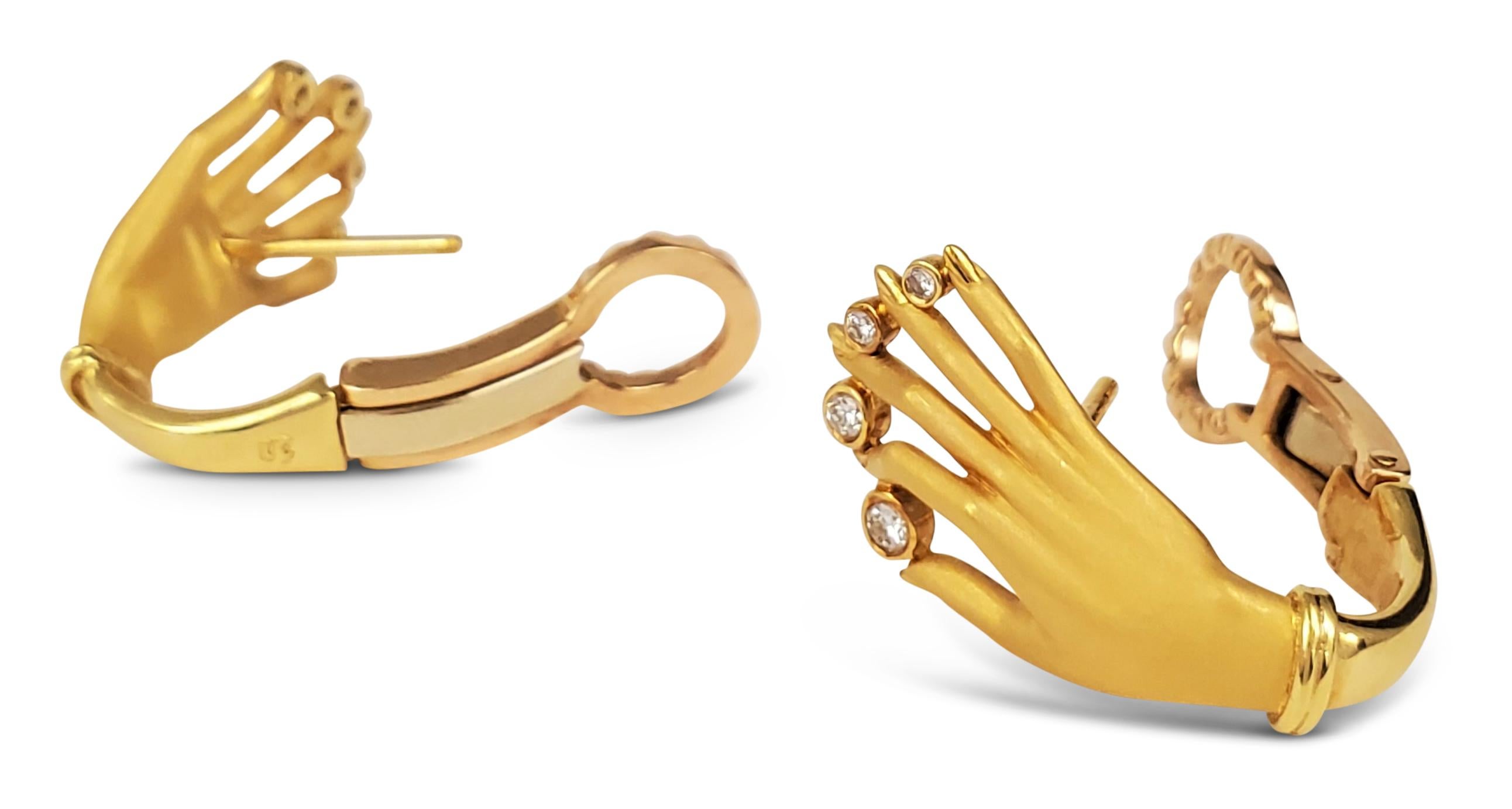 Round Cut Carrera y Carrera 'Las Manos' Gold and Diamond Hand Motif Earrings