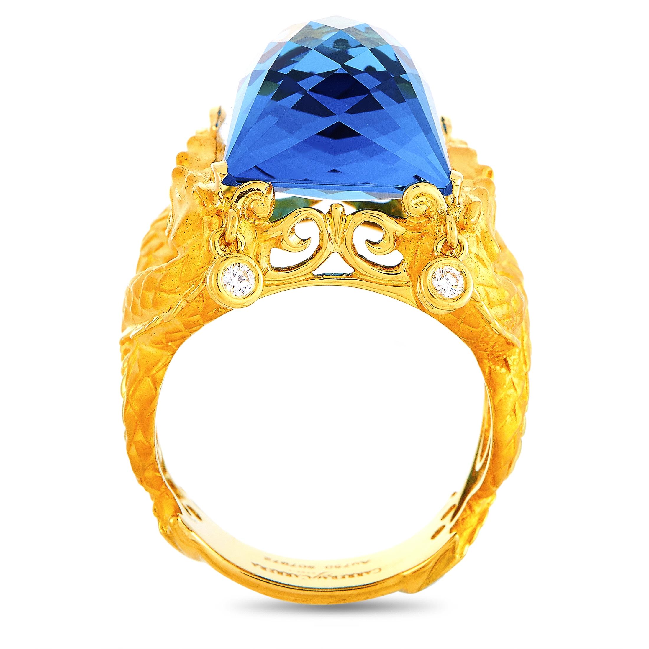The Carrera y Carrera “Nanking” ring is crafted from 18K yellow gold and weighs 23.6 grams, boasting band thickness of 10 mm and top height of 15 mm, while top dimensions measure 20 by 20 mm. The ring is set with a blue topaz and a total of 0.20