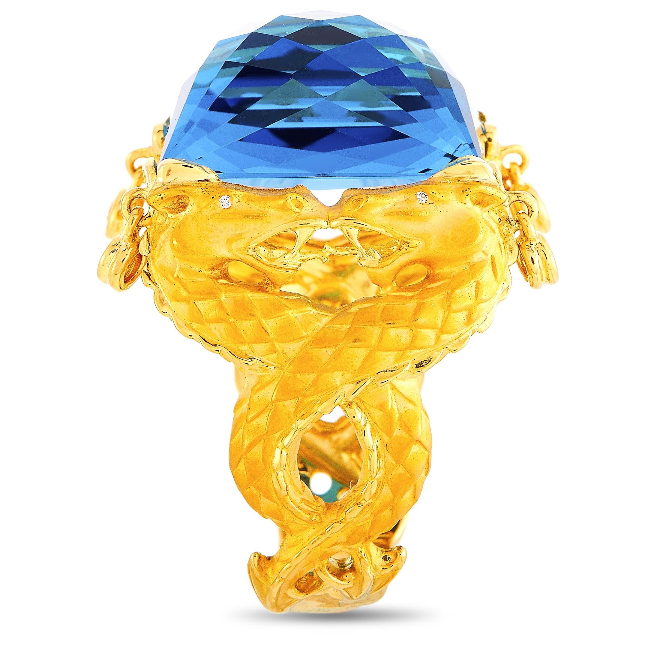 Round Cut Carrera y Carrera Nanking 18 Karat Gold 0.20 Carat Diamond and Blue Topaz Ring