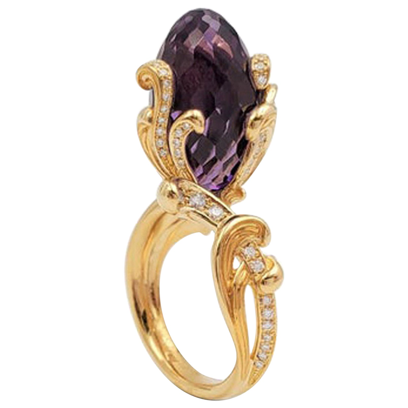 Pre-owned Carrera Y Carrera Origin Diamond Amethyst 18k Yellow Gold Flower Bud Ring