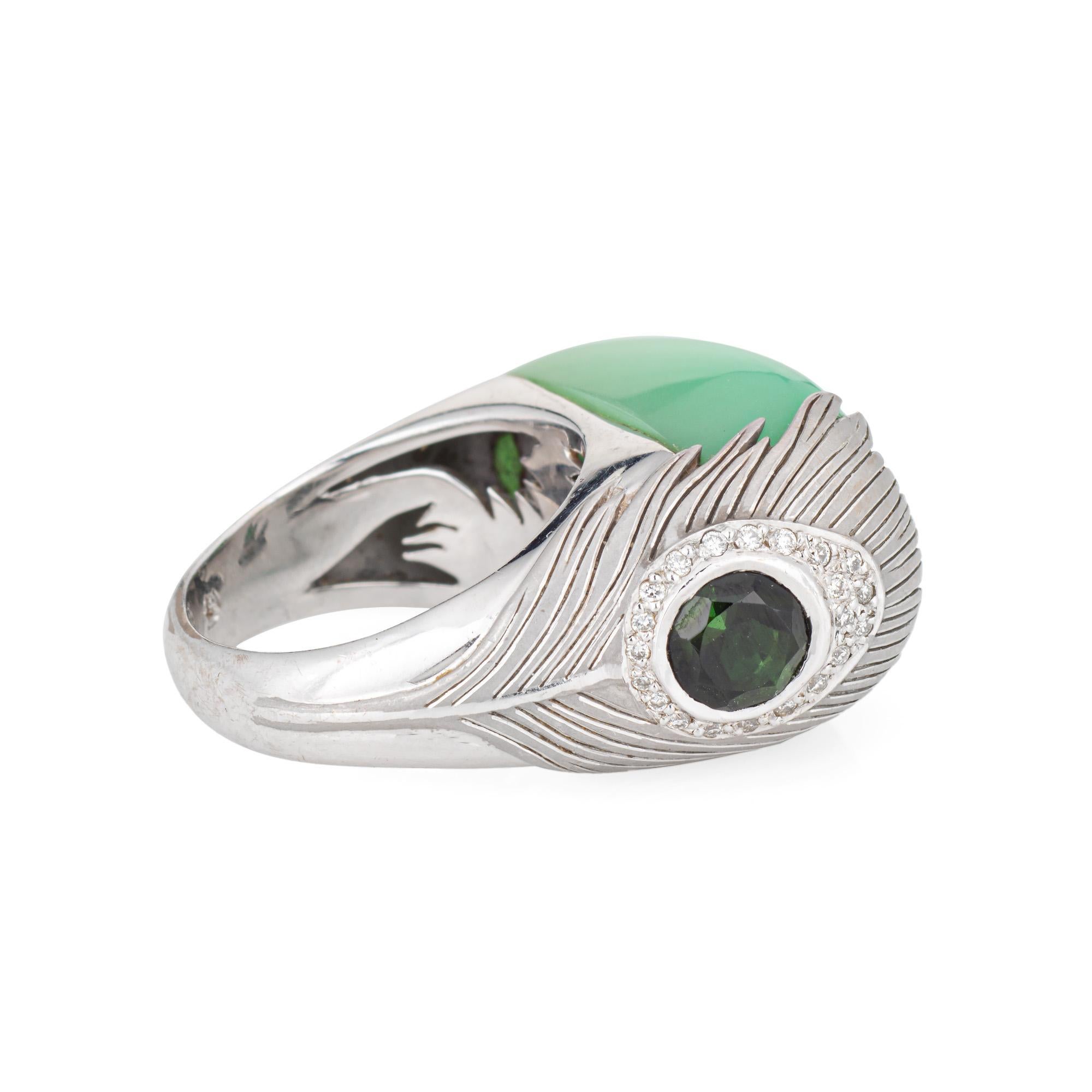 Estate Carrera y Carrera diamond peacock feather ring in 18 karat white gold.  

Round brilliant cut diamonds total an estimated 0.10 carats (estimated at H-I color and VS2-SI1 clarity). Tsavorite garnet measures 5.5mm. Green chalcedony measures