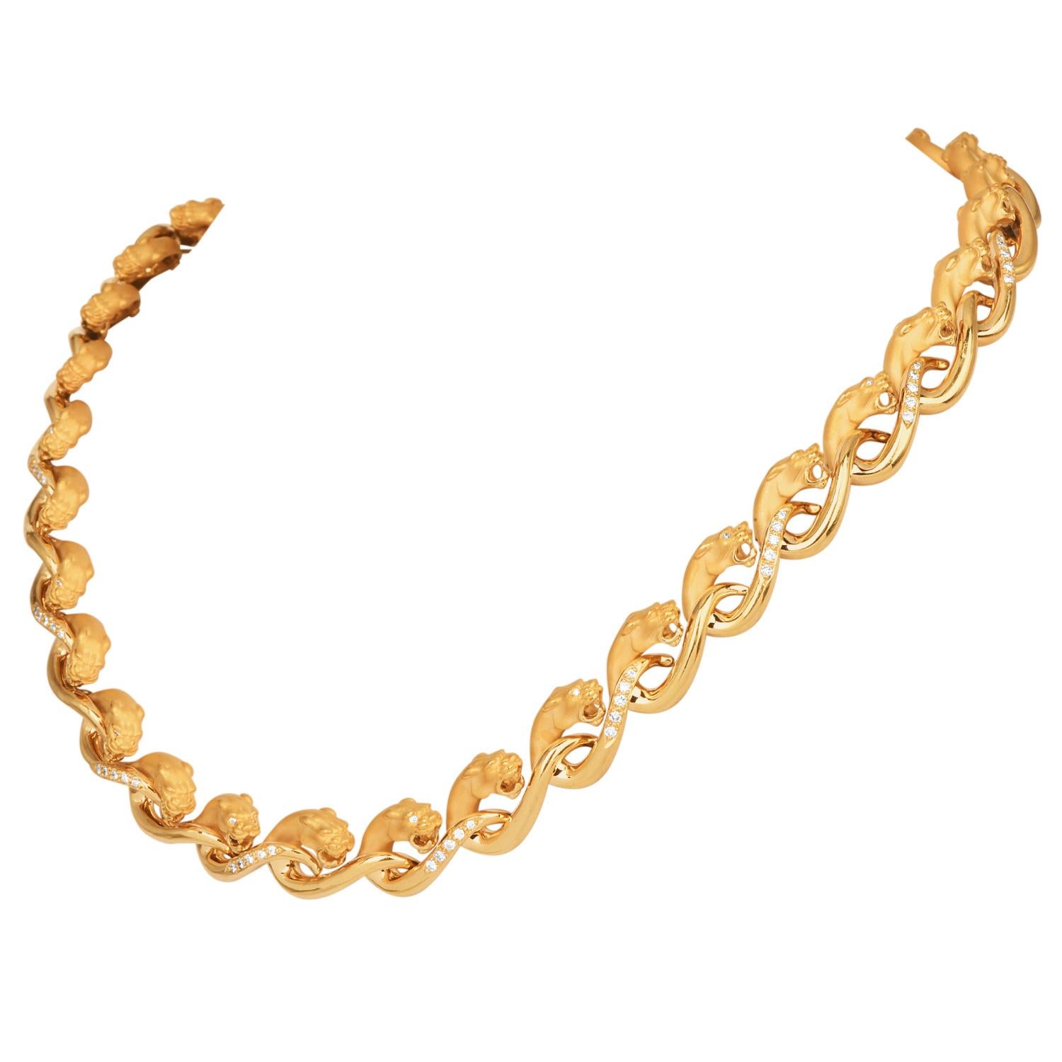 Taille ronde Carrera y Carrera  Collier ras du cou en or jaune 18K avec diamants Phanther en vente