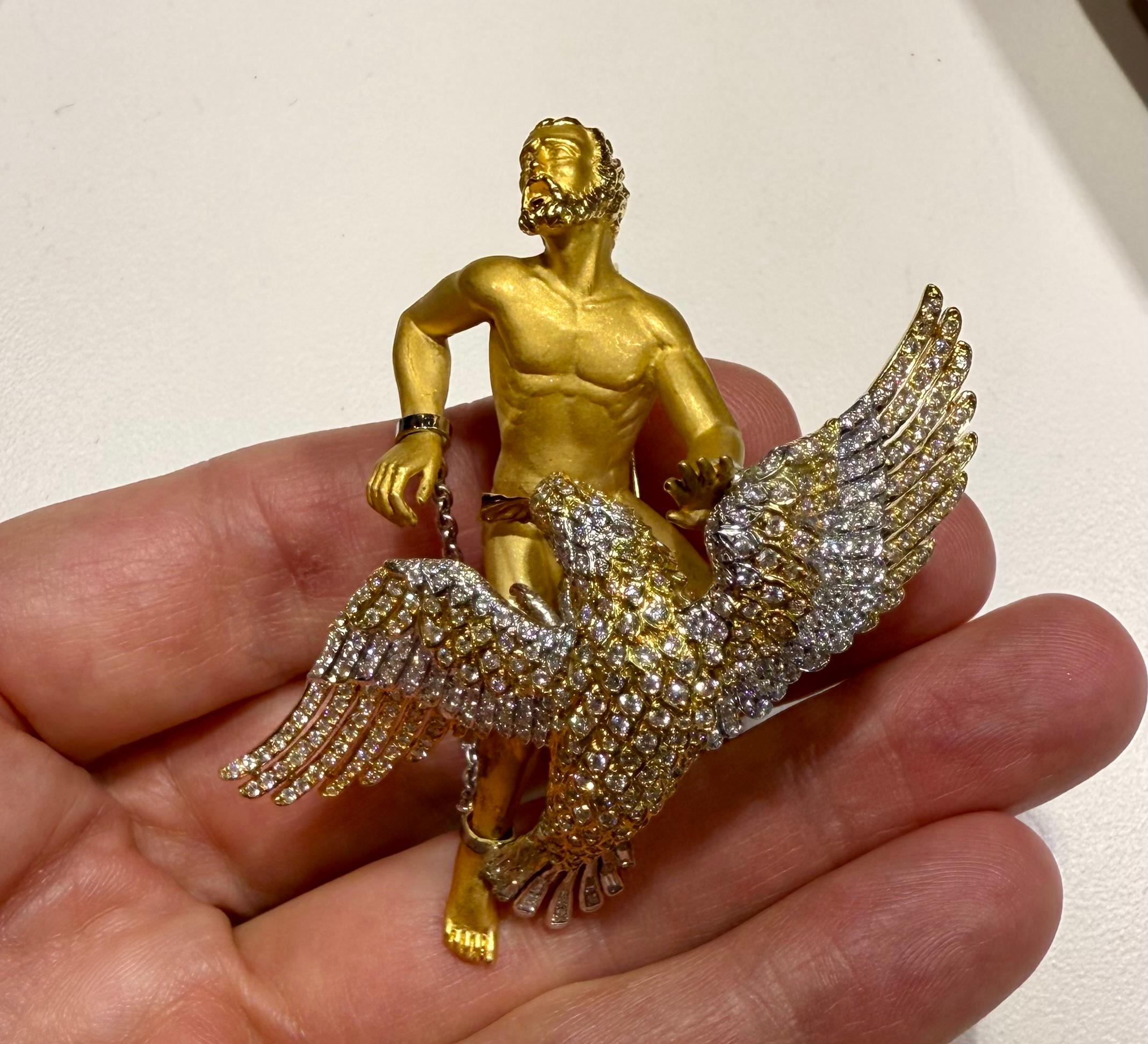 Vintage Carrera y Carrera Diamant & 18k Gold Brosche, die Prometheus und den kaukasischen Adler darstellt

Diese exquisite Brosche des renommierten spanischen Juweliers Carrera y Carrera fängt meisterhaft einen Schlüsselmoment der griechischen
