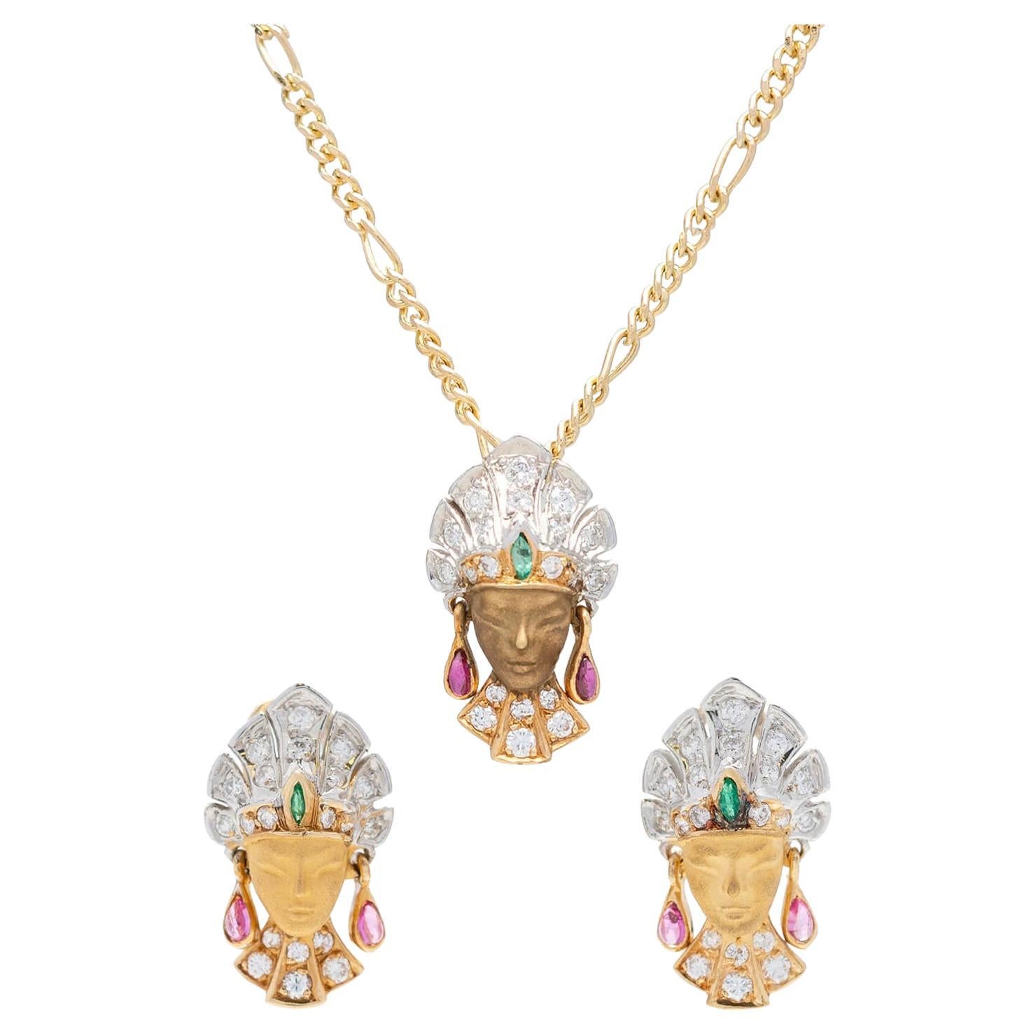 Carrera Y Carrera Retro 18kt Mixed Metals + Gemstone Earrings + Pendant Set For Sale