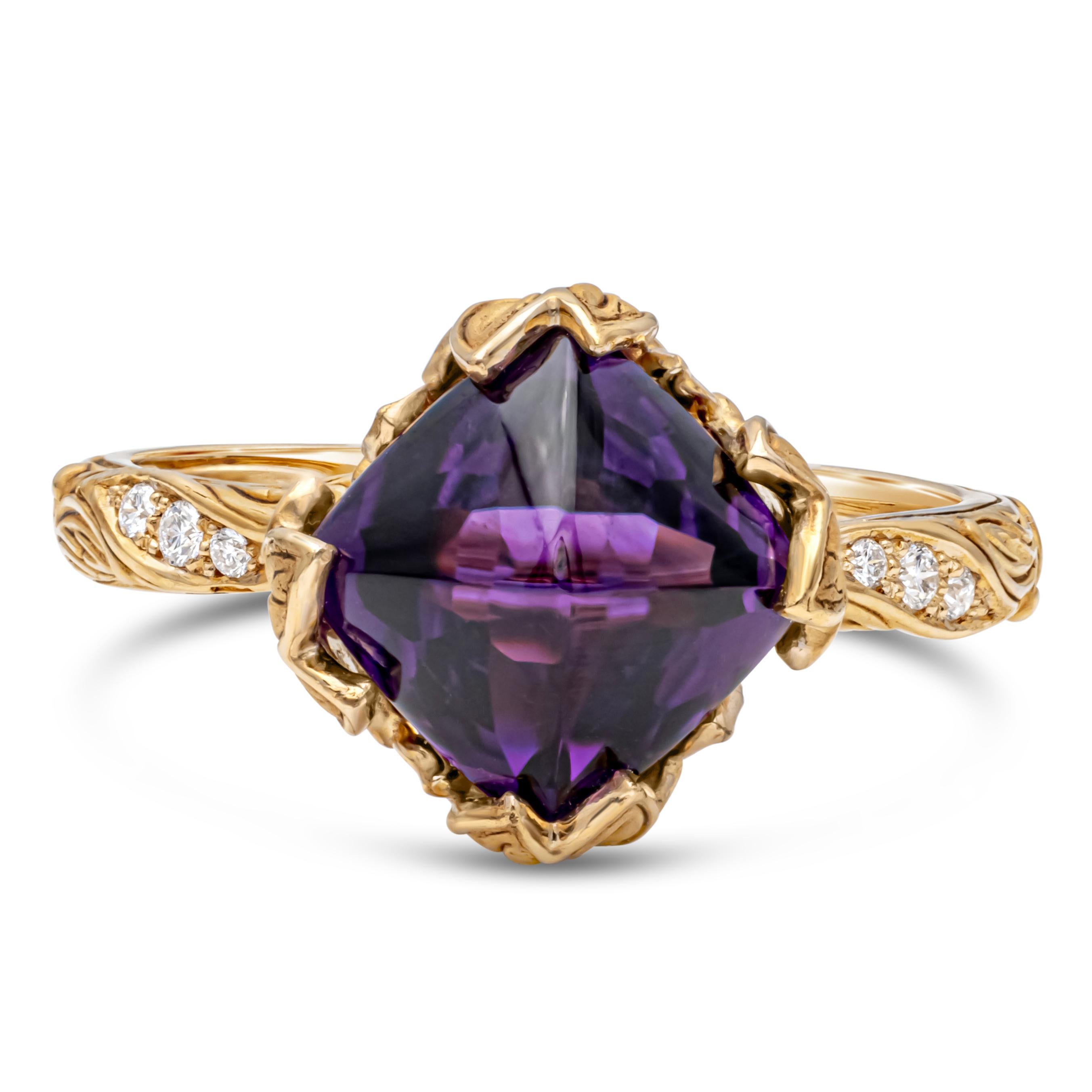 Signed by Carrera y Carrera, this elegant fashion lia ring with 2.77 carats sugarloaf amethyst and 0.04 diamond is made in 18k Yellow Gold. Perfect for special occasion or a gift for loved one.

Roman Malakov Diamonds is an authorized dealer of