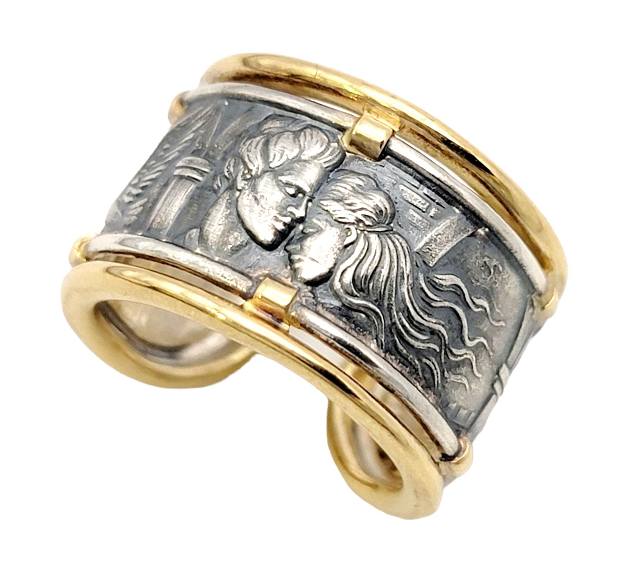 Ring size: 7

This unique Carrera y Carrera Romeo and Juliet band ring tells a story with simply a look. Meticulously crafted in sterling silver and adorned with lavish 18K yellow gold accents, this exquisite piece combines artistry and romance in