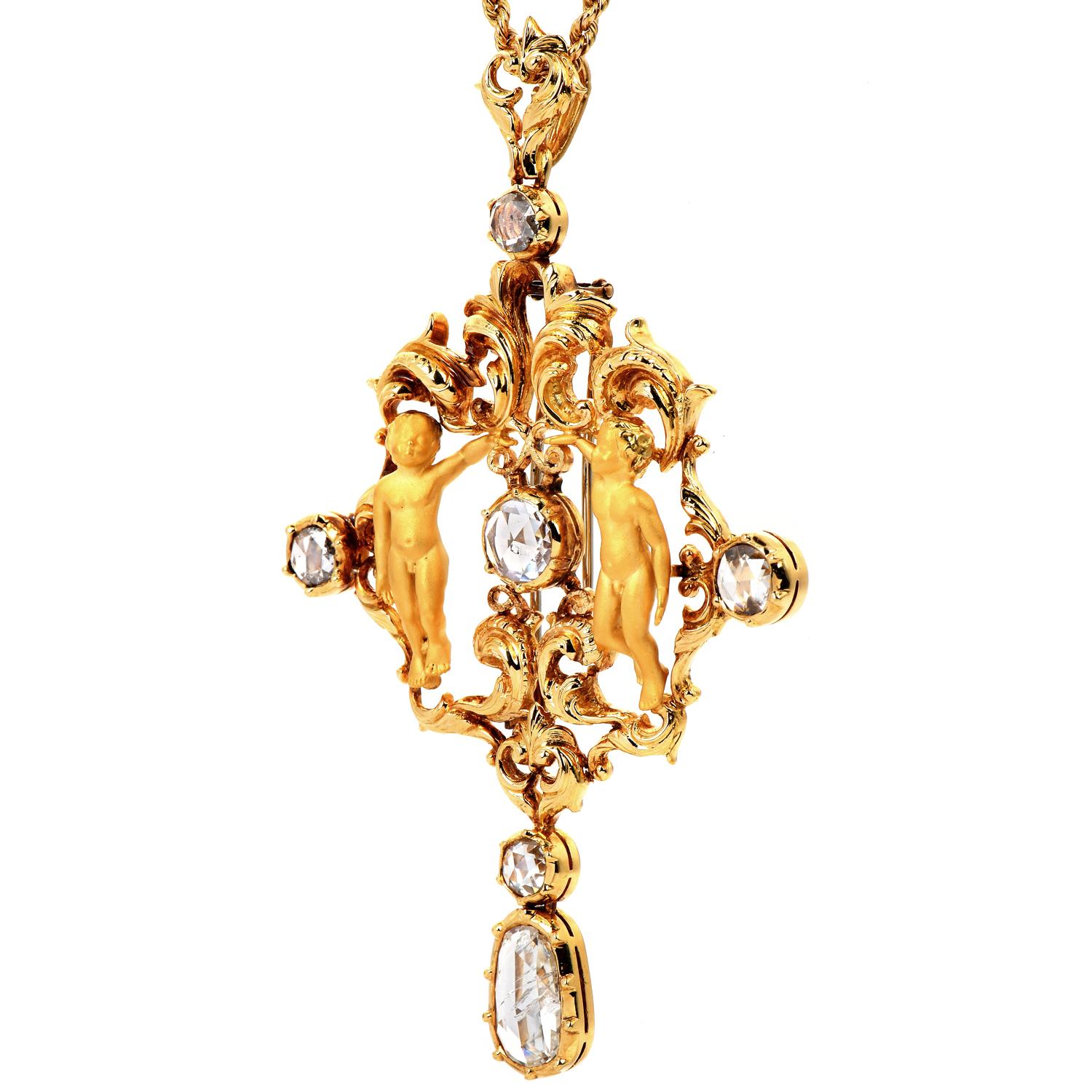 Women's Carrara Y Carrara Rose Cut Diamond 18k Gold Twin Cherub Gemini Pin Pendant For Sale