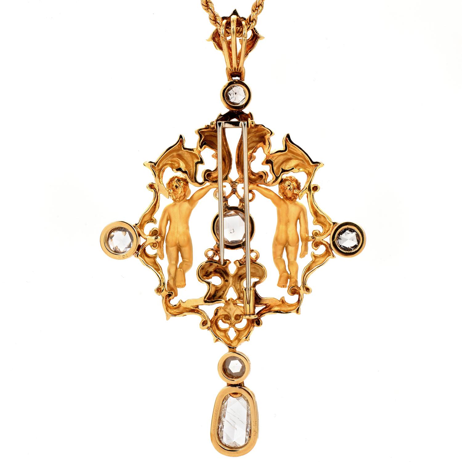 Carrara Y Carrara Rose Cut Diamond 18k Gold Twin Cherub Gemini Pin Pendant For Sale 1