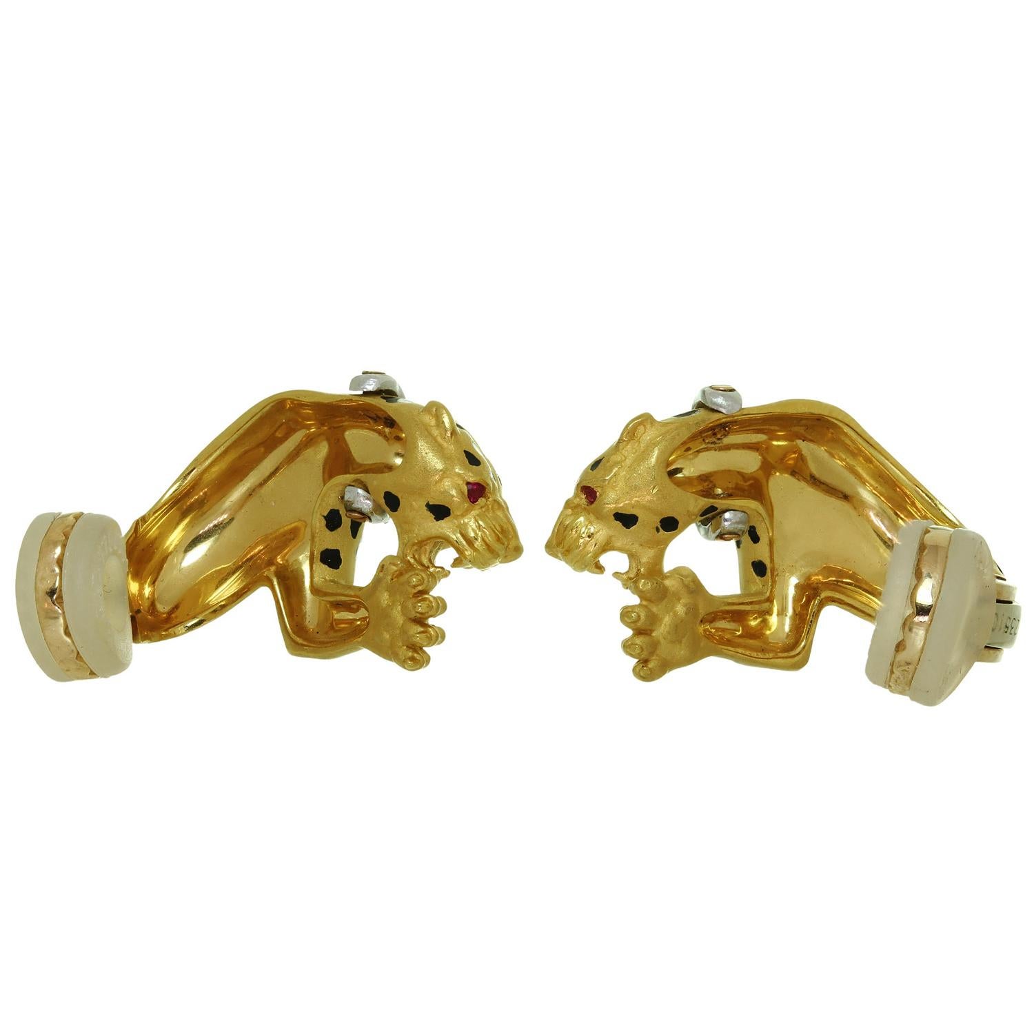 Carrera y Carrera Ruby Diamond Enamel Leopard Clip-On Earrings In Good Condition For Sale In New York, NY