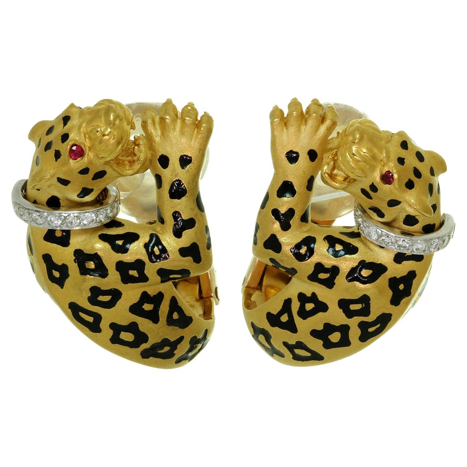Carrera y Carrera Ruby Diamond Enamel Leopard Clip-On Earrings For Sale