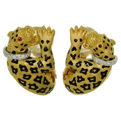 Vintage Carrera y Carrera Ruby Diamond Enamel Leopard Clip-On Earrings