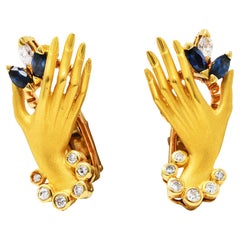 Carrera y Carrera Sapphire Diamond 18 Karat Gold Las Manos Hand Earrings