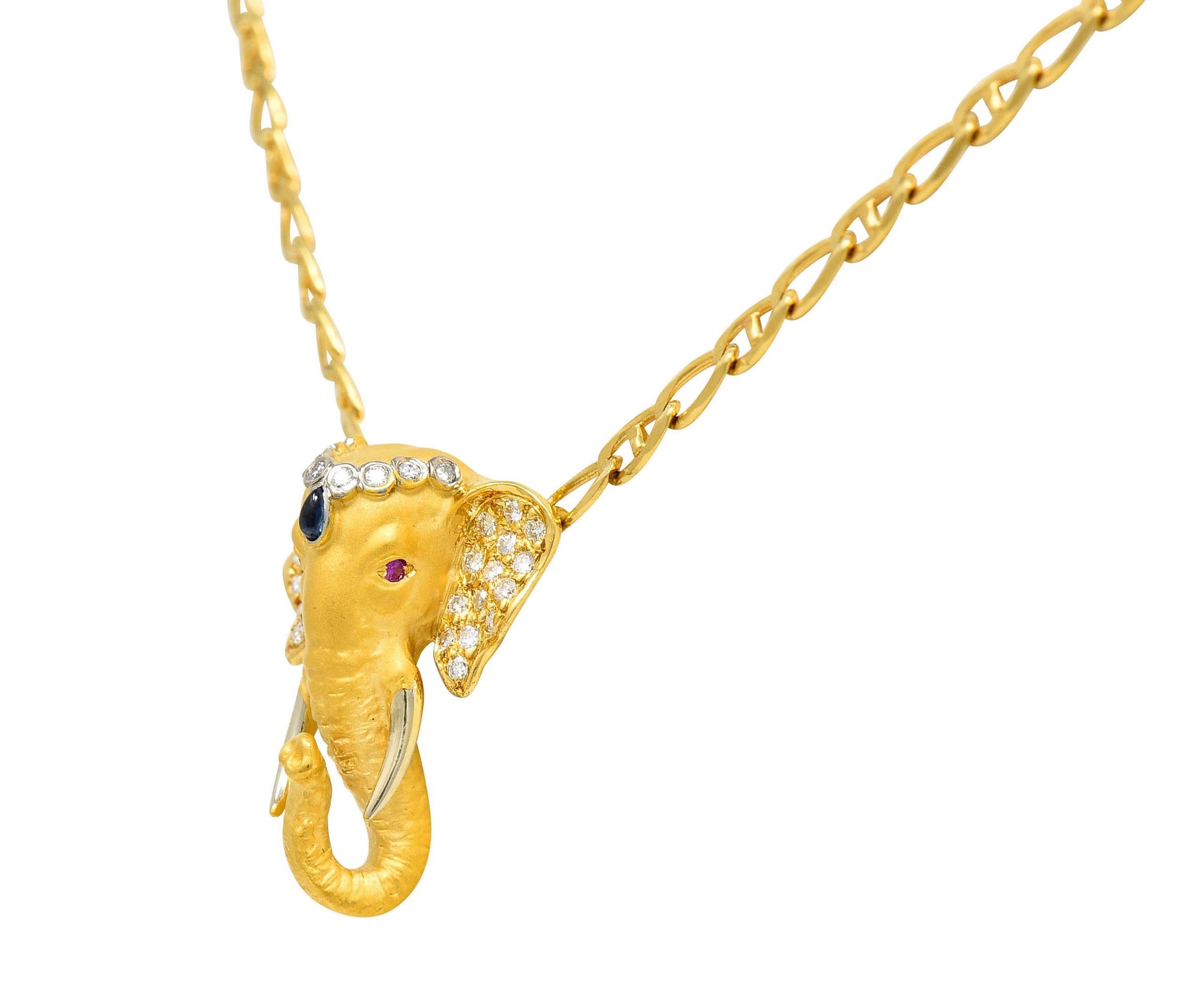 Carrera Y Carrera Sapphire Ruby Diamond 18 Karat Yellow Gold Elephante Necklace In Excellent Condition In Philadelphia, PA