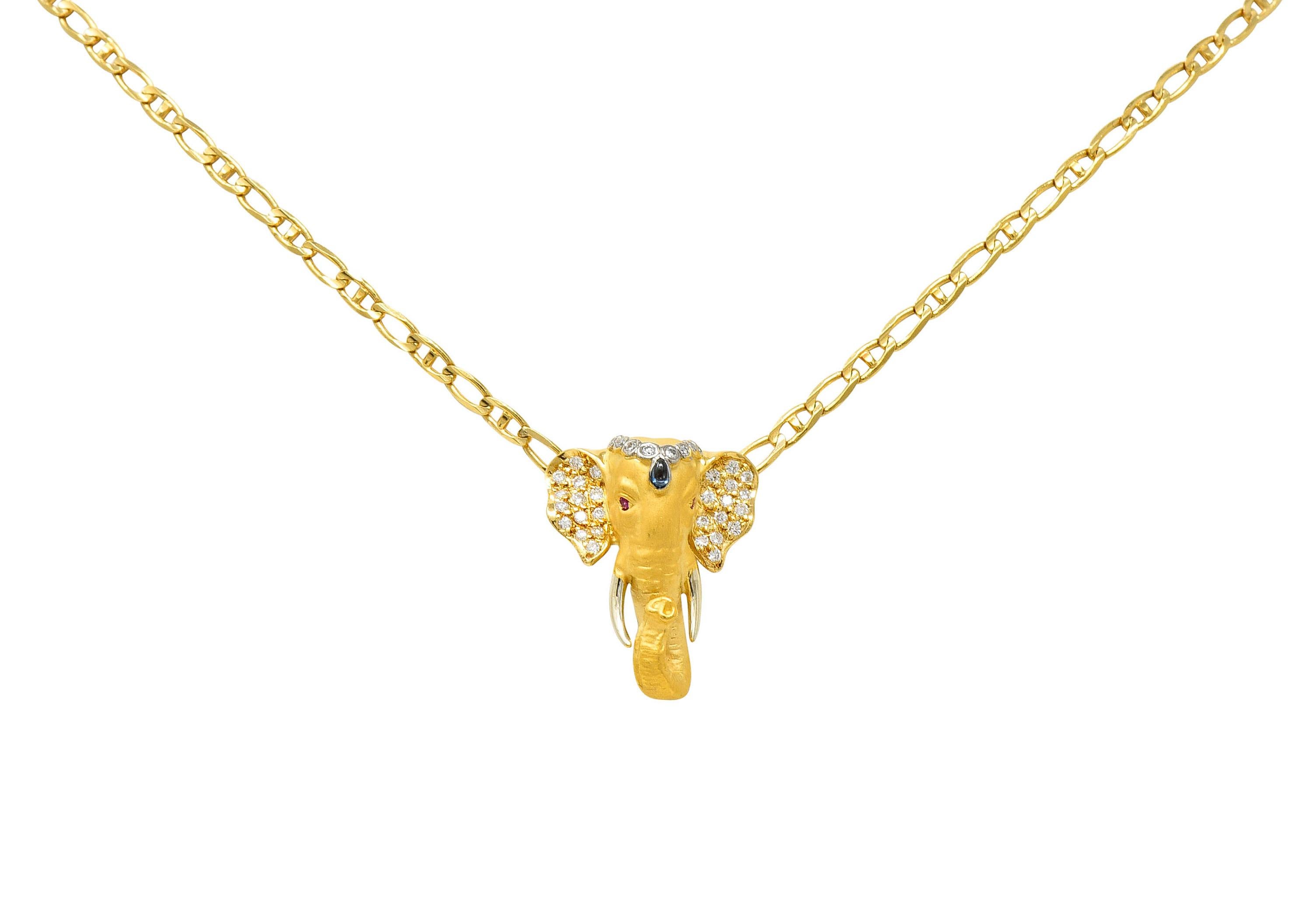 Women's or Men's Carrera Y Carrera Sapphire Ruby Diamond 18 Karat Yellow Gold Elephante Necklace