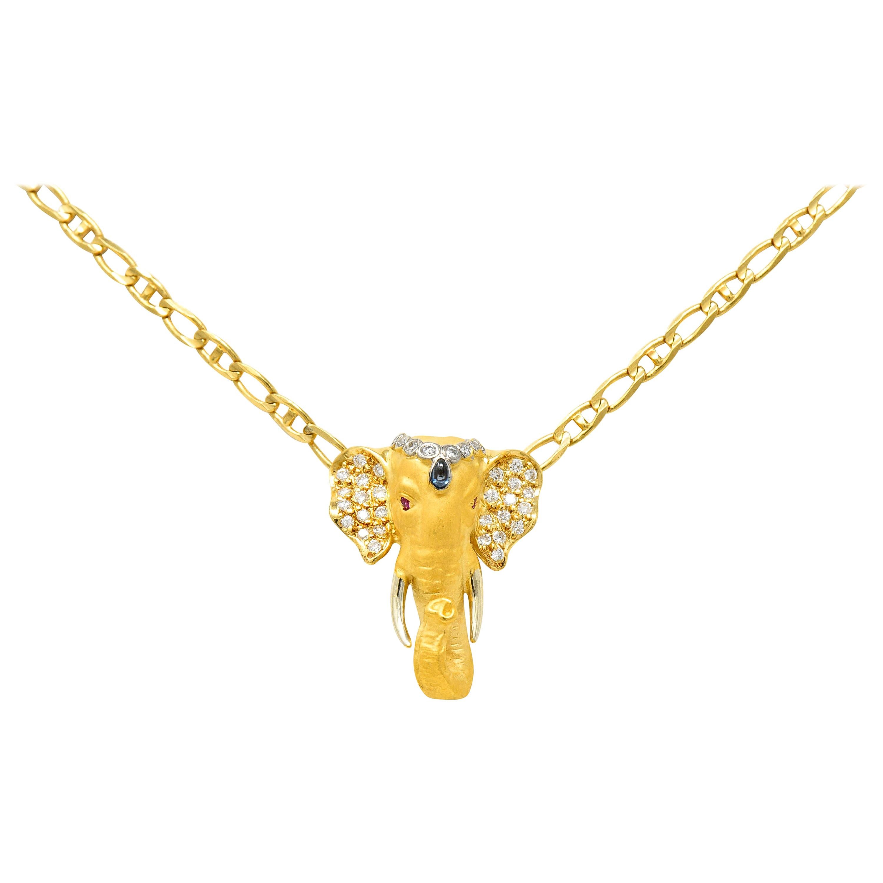 Carrera Y Carrera Sapphire Ruby Diamond 18 Karat Yellow Gold Elephante Necklace
