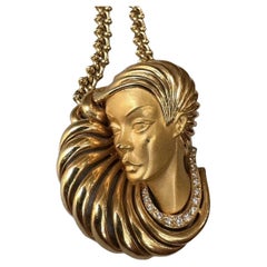 Carrera y Carrera Sculpted Lady's Face Pendant Necklace in 18k Yellow Gold