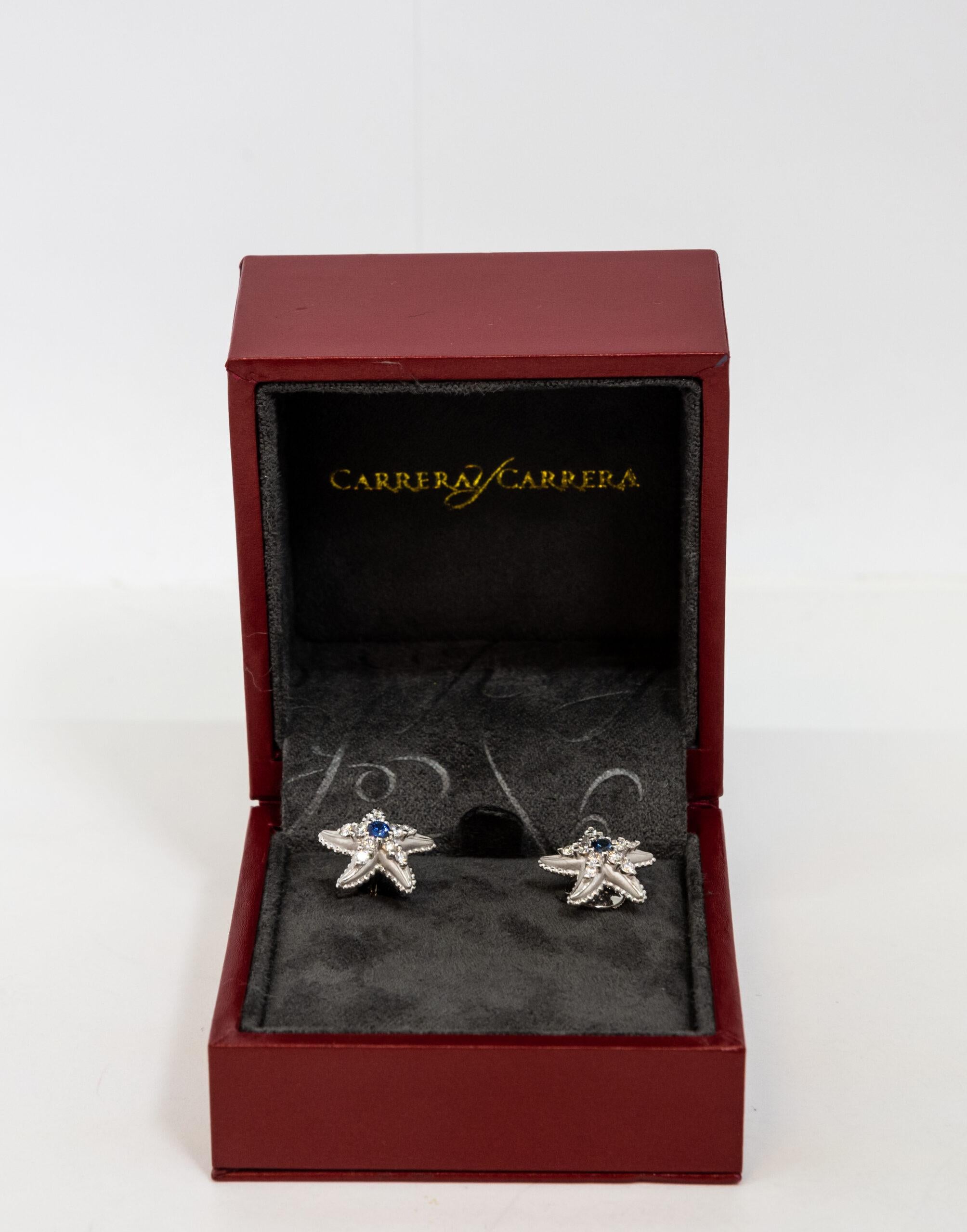 Carrara Y Carrara Star 18k White Gold with Diamonds & Sapphire Earring, 10070466 In New Condition For Sale In North Miami Beach, FL